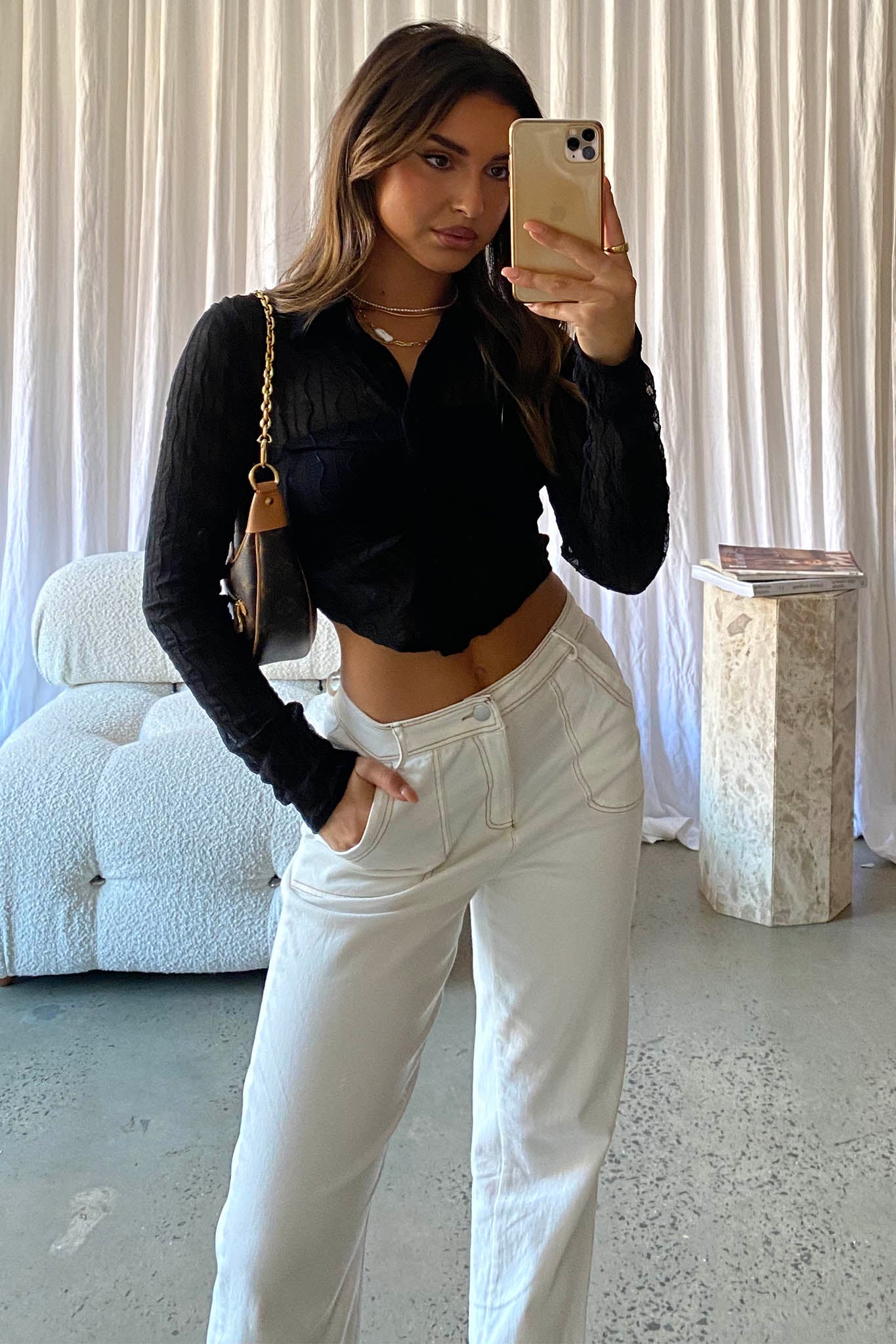 Jolita Sheer Buttoned Crop Top Black by Selfie Leslie