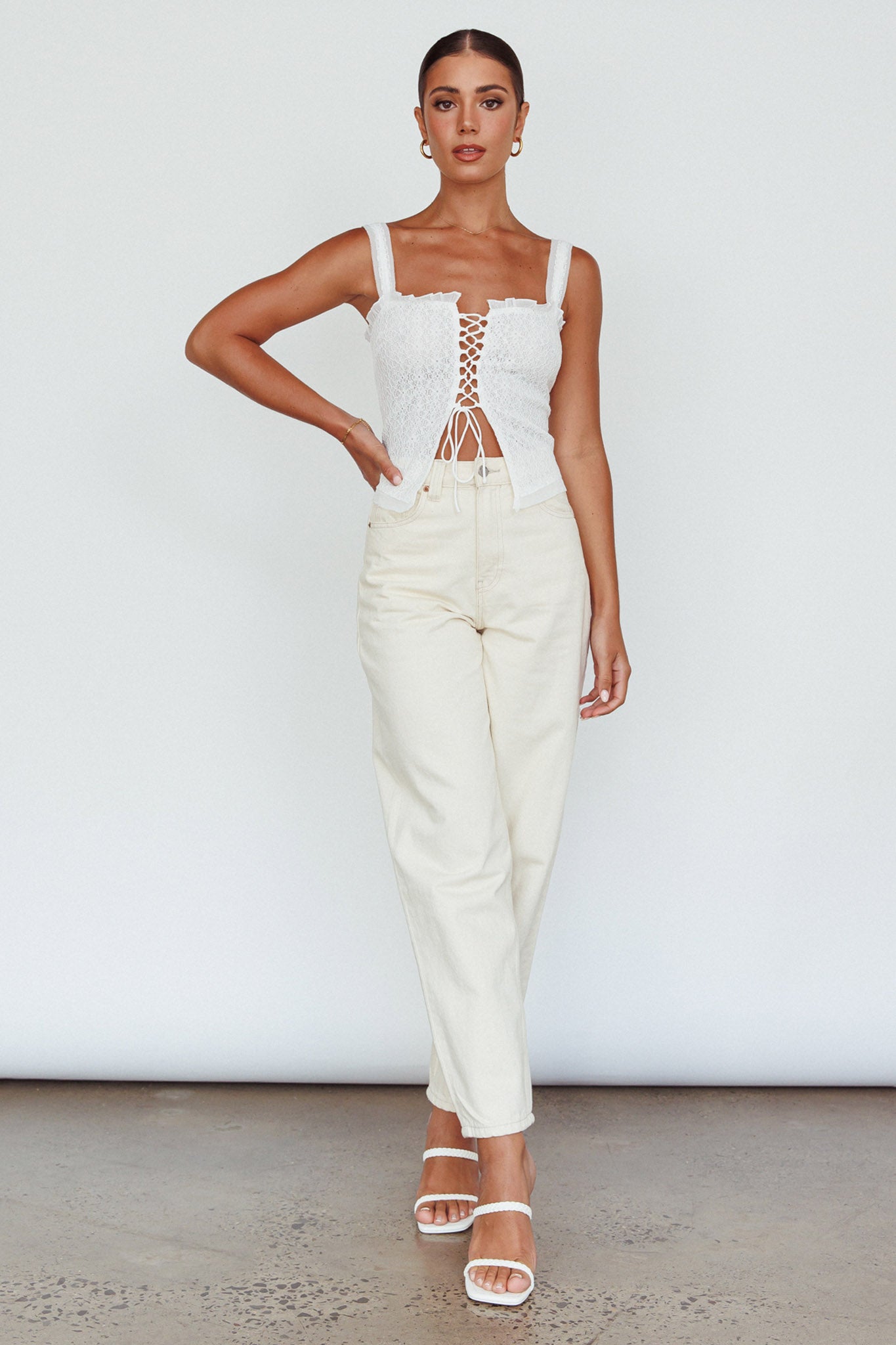 Never Miss Lace-Up Bust Top White by Selfie Leslie