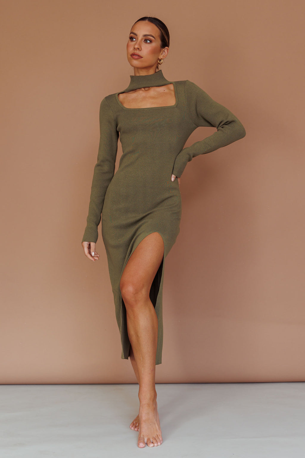 Get Acquainted Cut-Out Bust Midi Dress Olive by Selfie Leslie