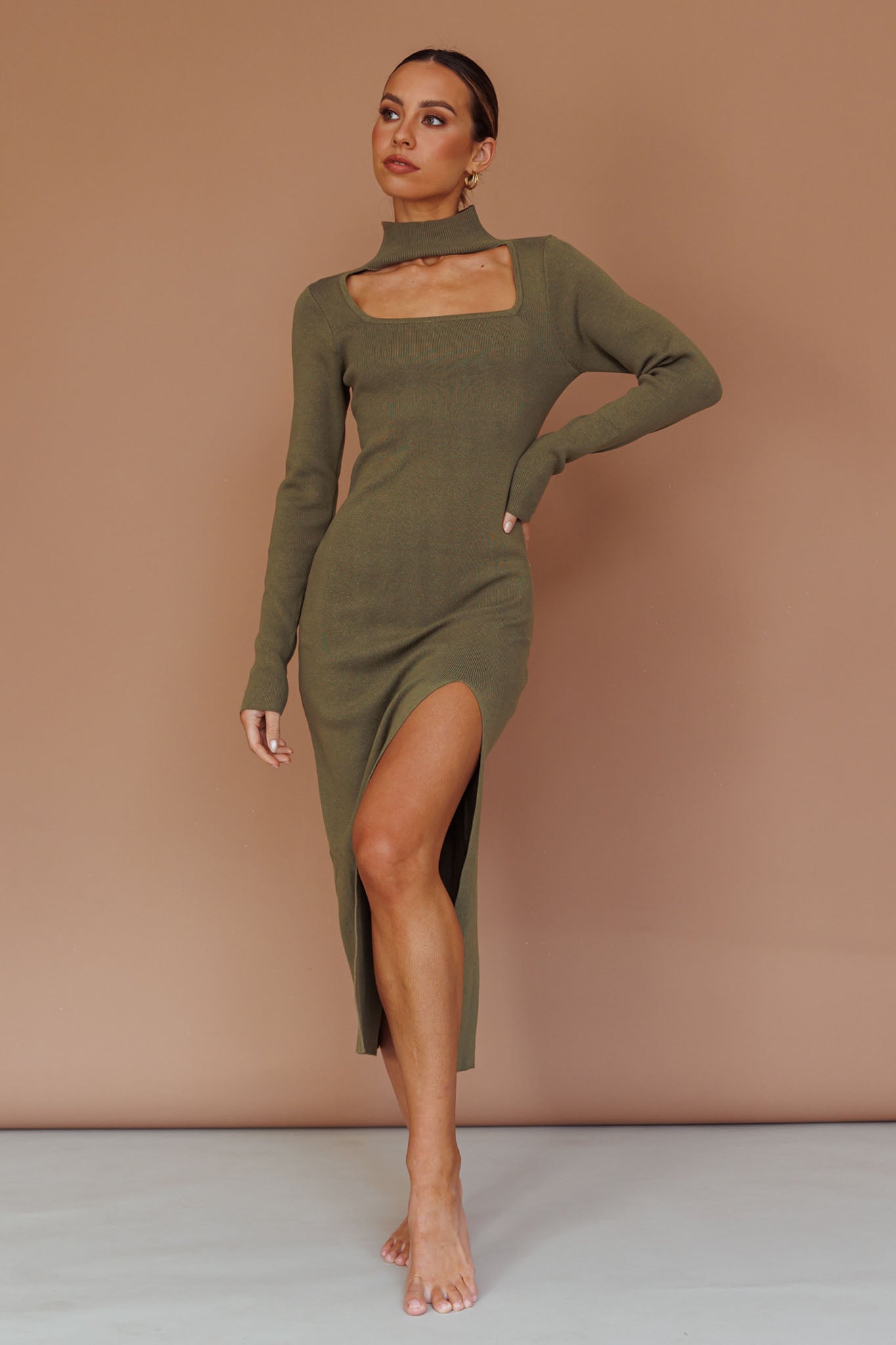 Get Acquainted Cut-Out Bust Midi Dress Olive by Selfie Leslie