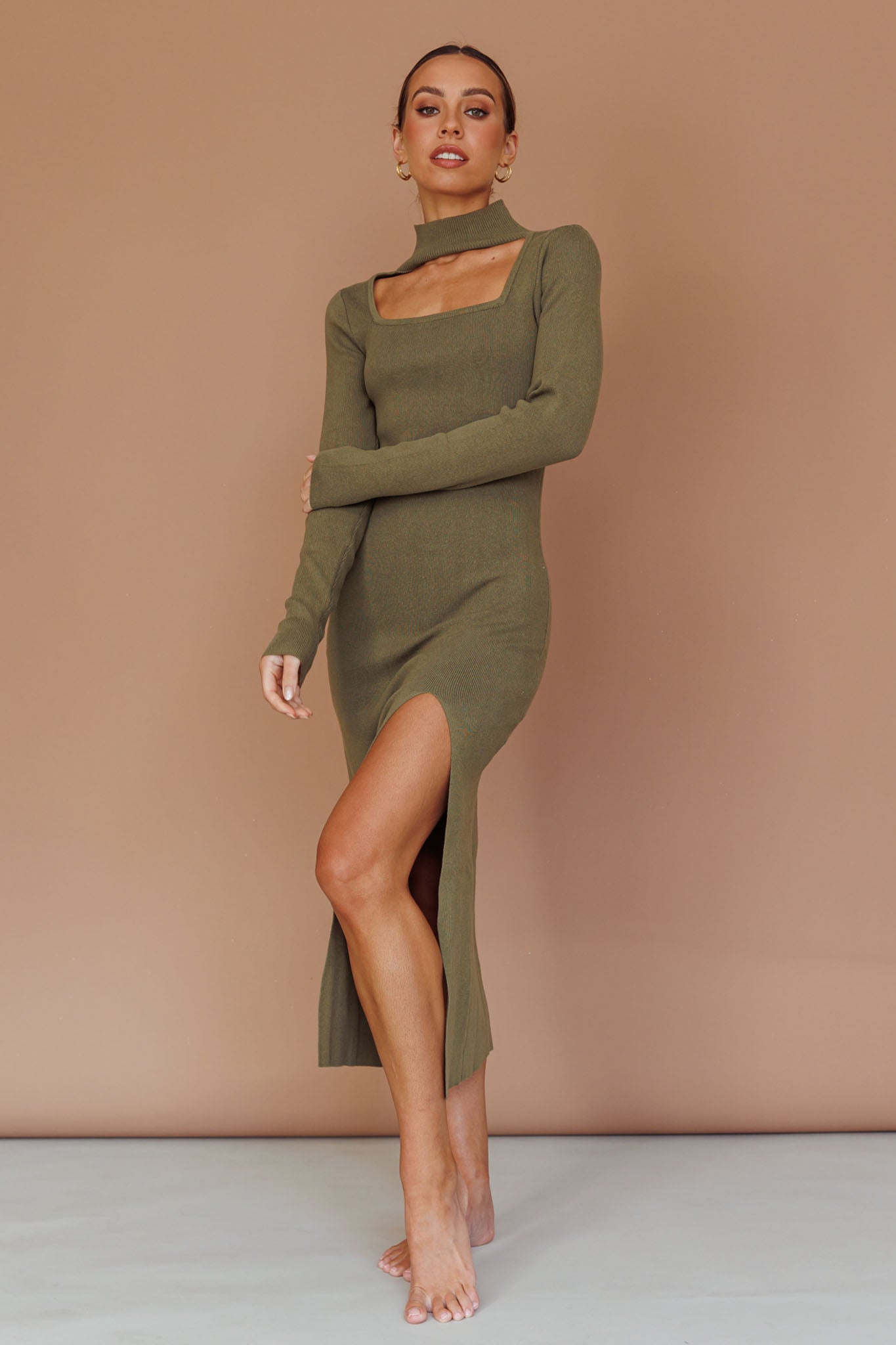 Get Acquainted Cut-Out Bust Midi Dress Olive by Selfie Leslie
