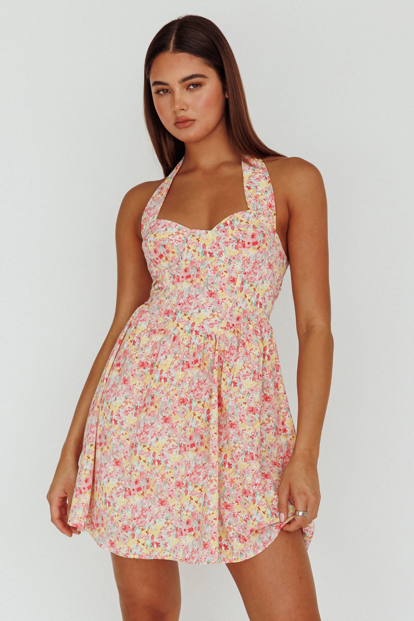 Hey Baby Halterneck Mini Dress Pink Floral by Selfie Leslie