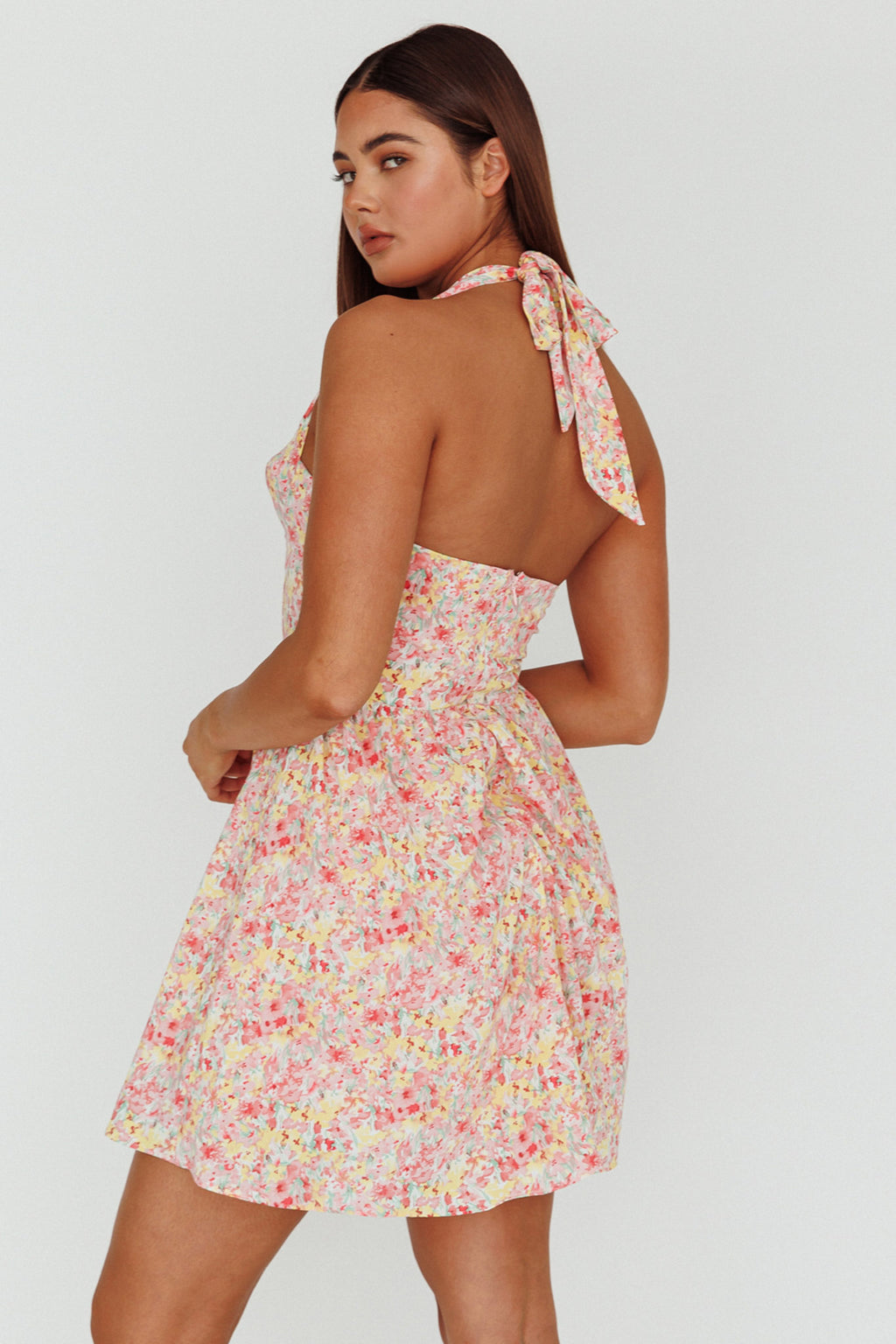Hey Baby Halterneck Mini Dress Pink Floral by Selfie Leslie