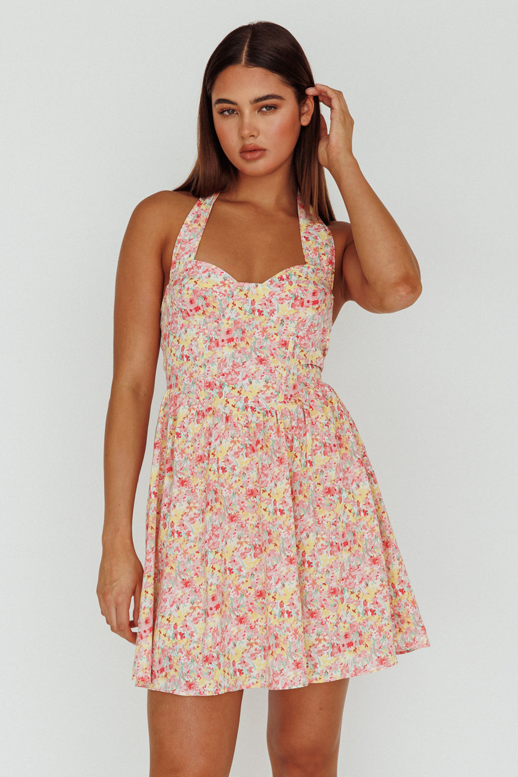 Hey Baby Halterneck Mini Dress Pink Floral by Selfie Leslie
