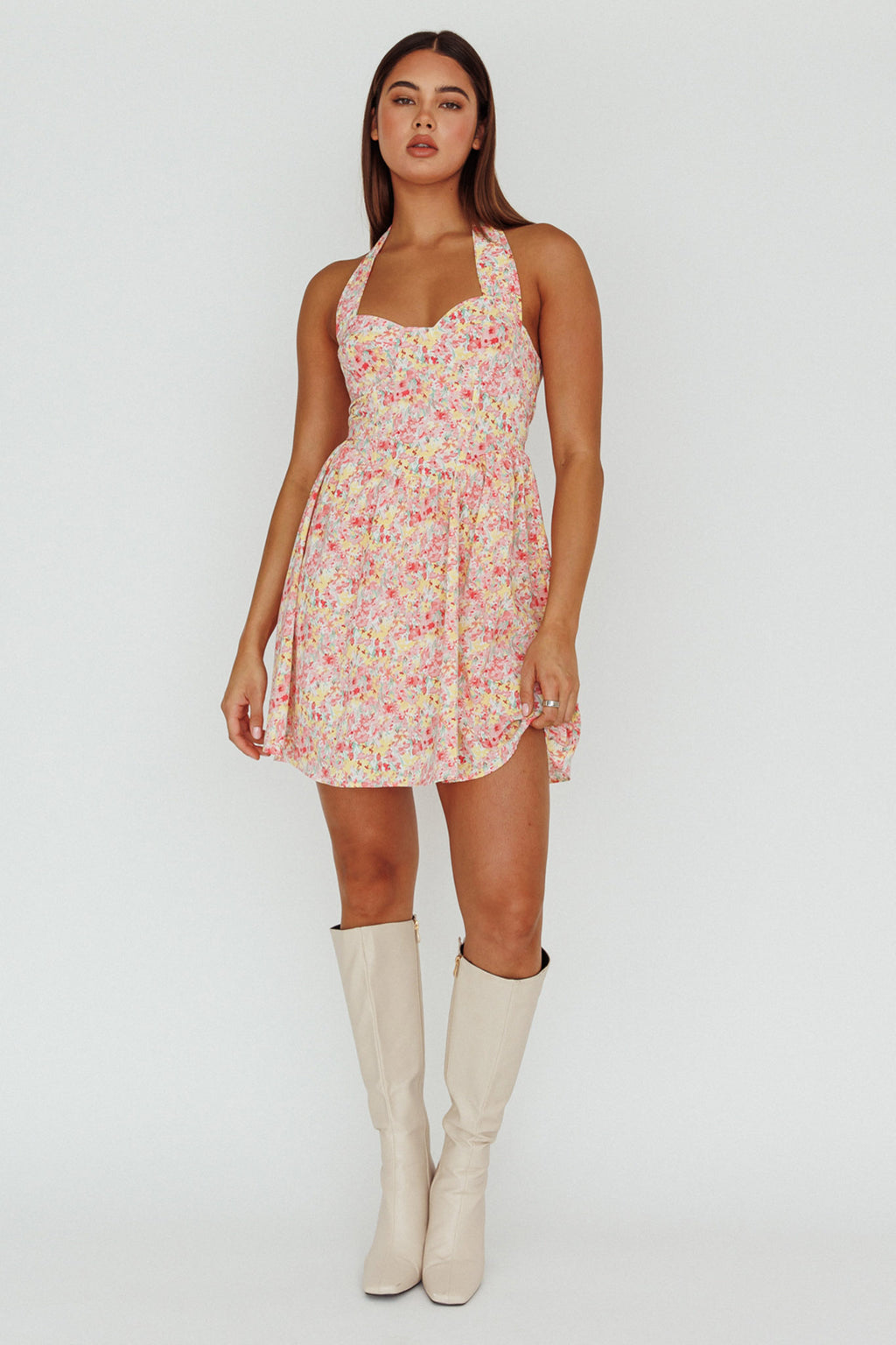 Hey Baby Halterneck Mini Dress Pink Floral by Selfie Leslie