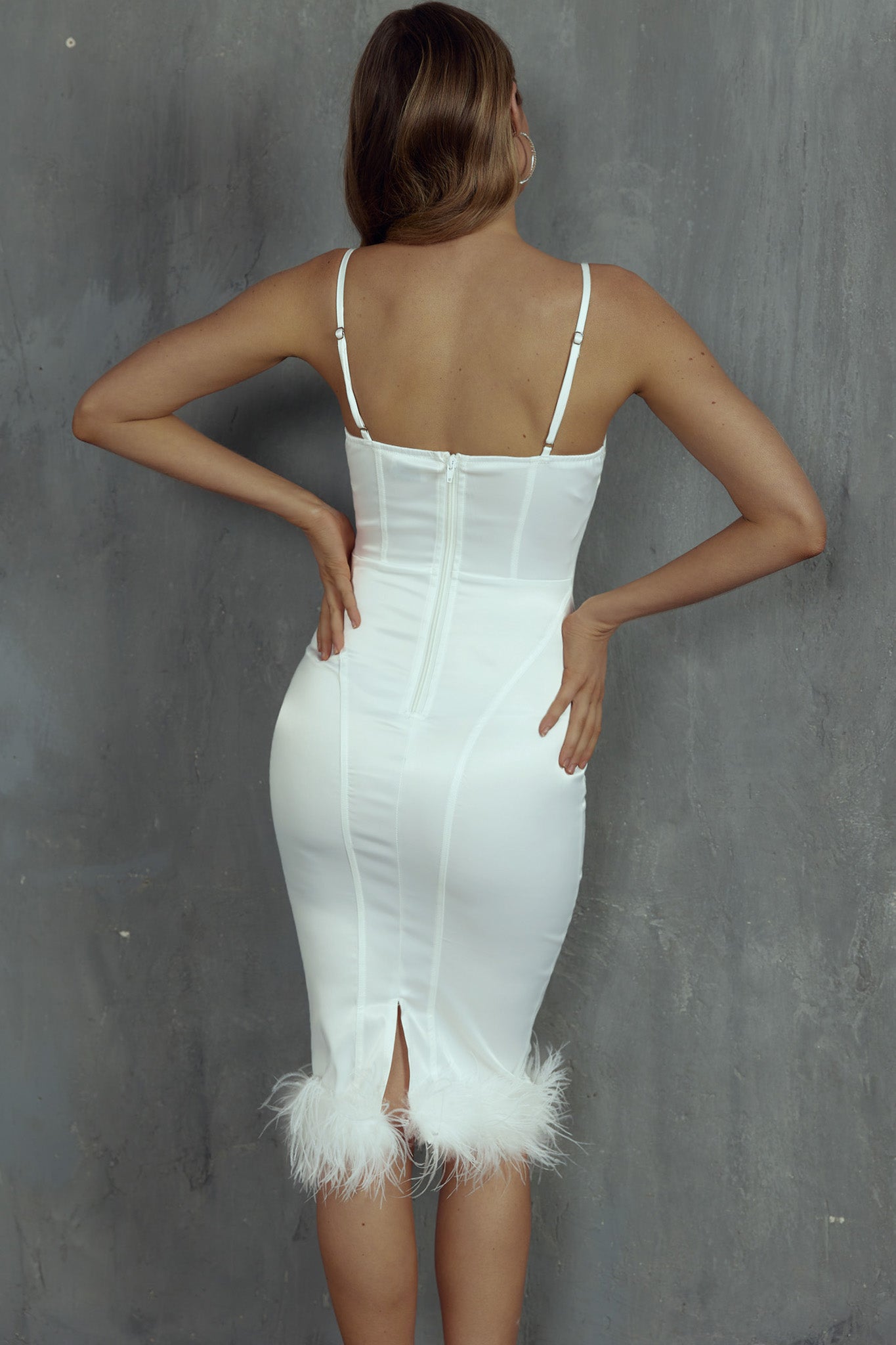 white dress with feathers Hopelessly Devoted Feather Trim Midi Dress White