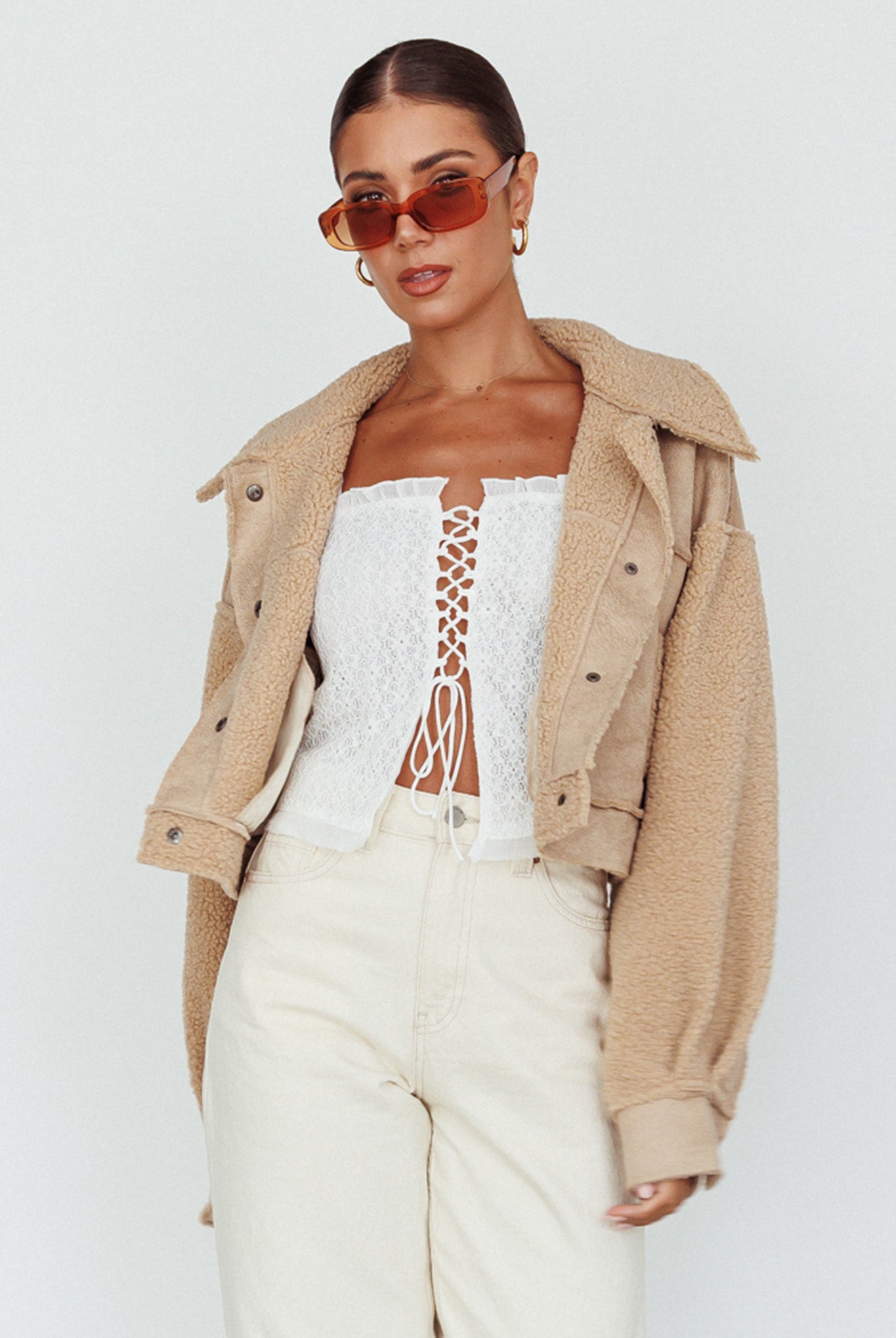 Kya Button Front Shearling Jacket Khaki by Selfie Leslie