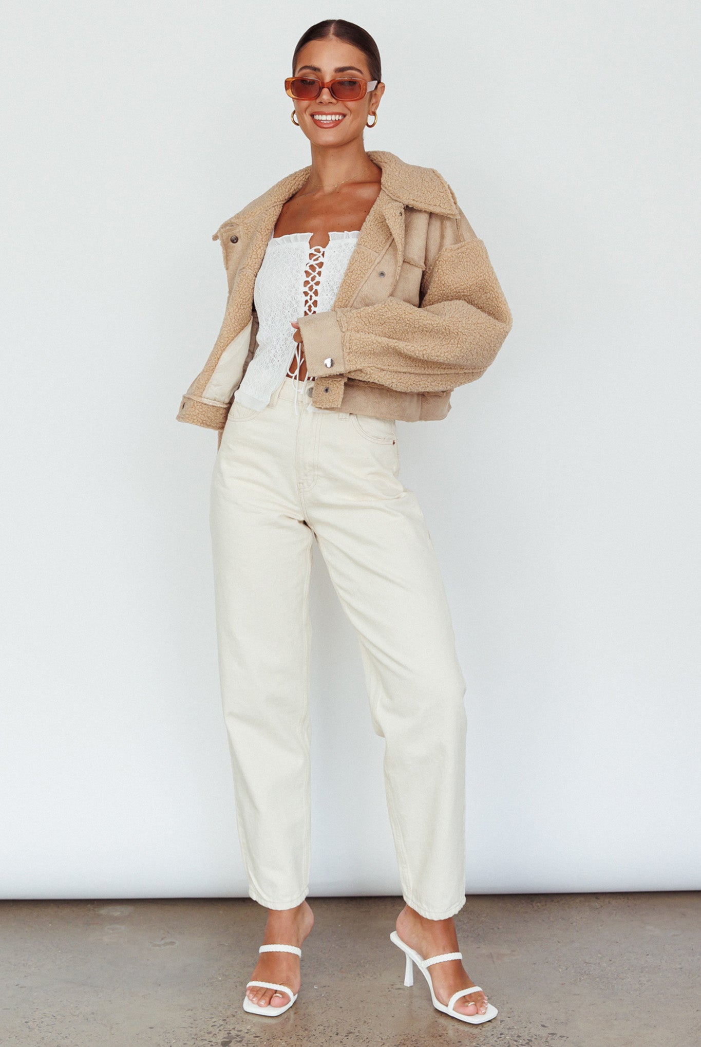 Kya Button Front Shearling Jacket Khaki by Selfie Leslie