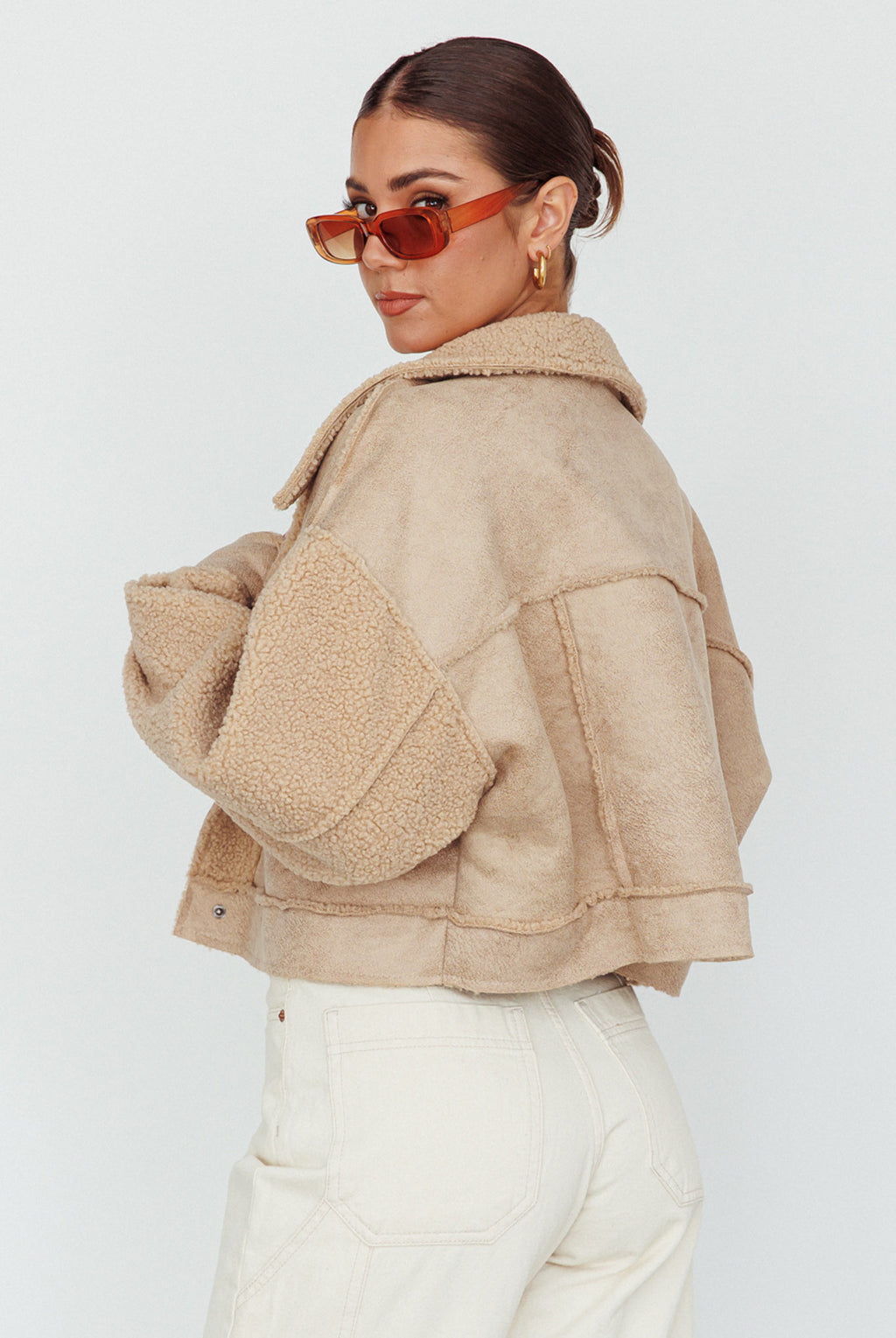 Kya Button Front Shearling Jacket Khaki by Selfie Leslie