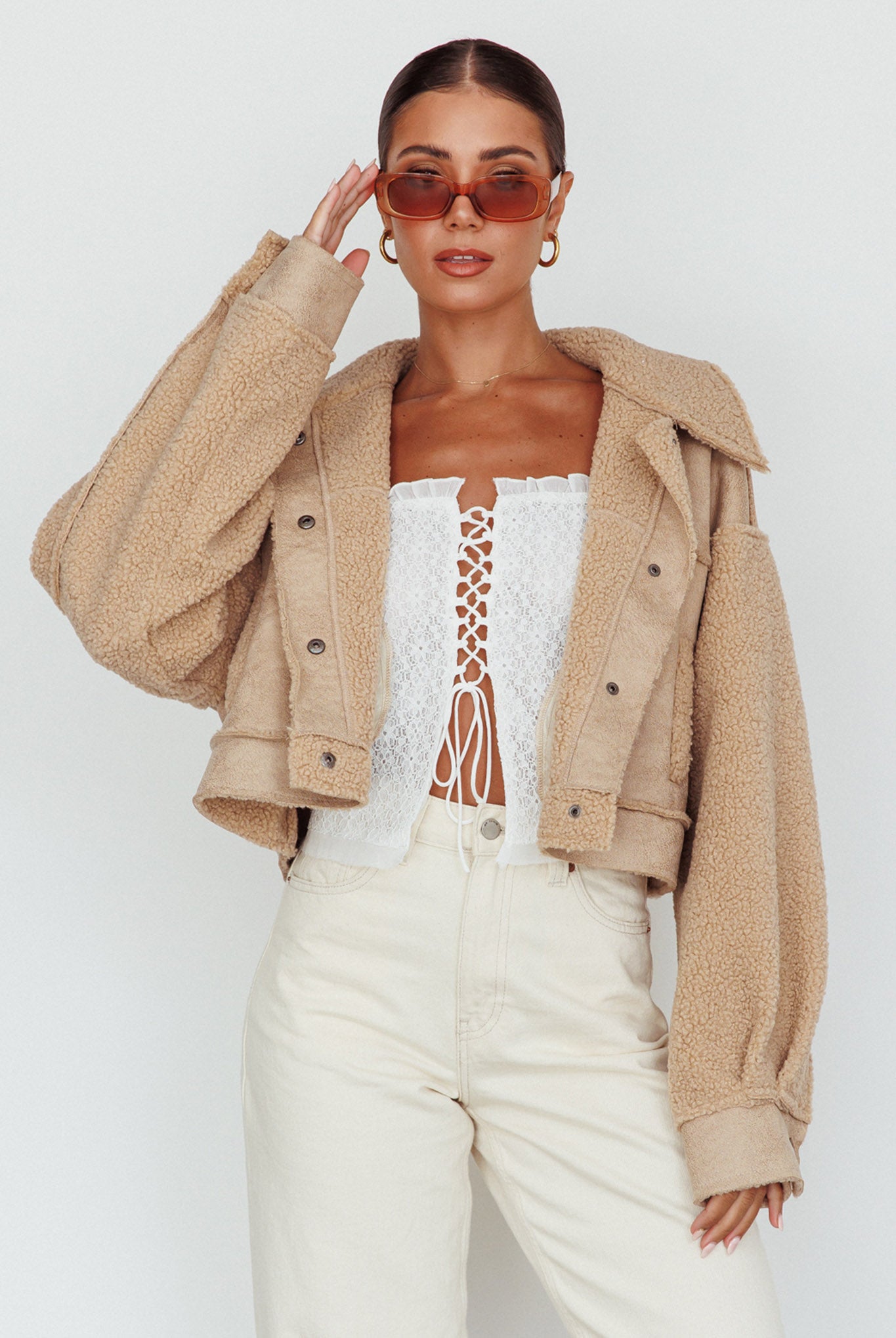 Kya Button Front Shearling Jacket Khaki by Selfie Leslie