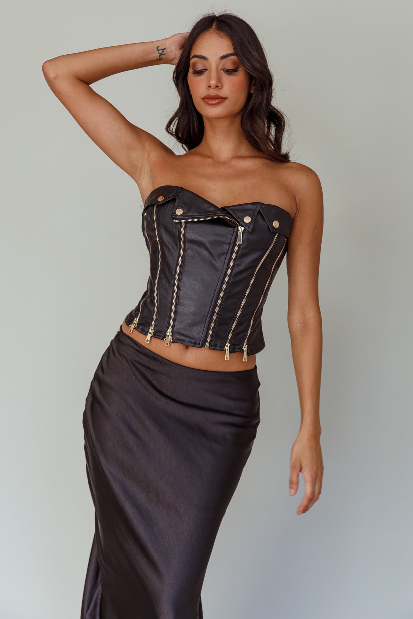 Moto Strapless Zipper Top Black by Selfie Leslie