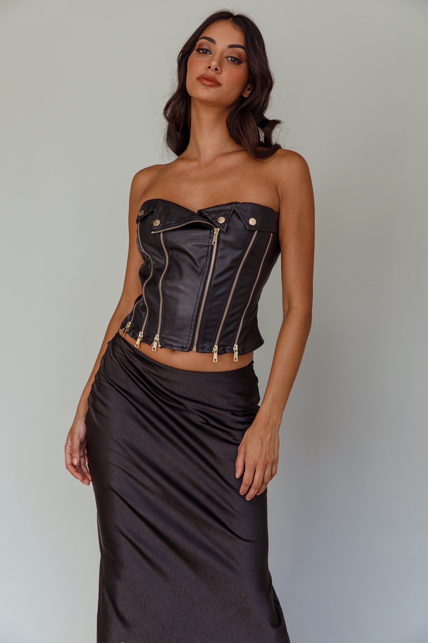 Moto Strapless Zipper Top Black by Selfie Leslie