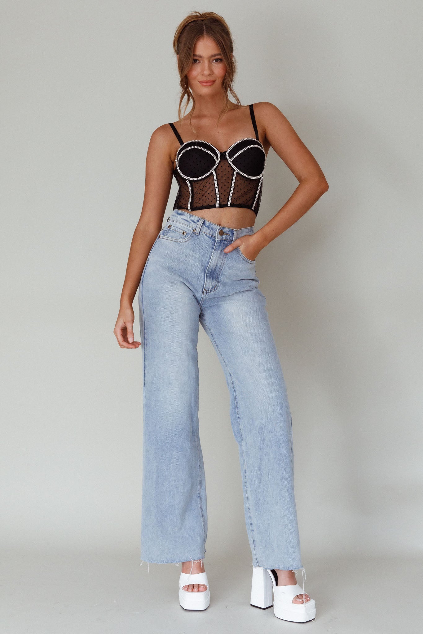 Stop And Stare Diamante Trim Crop Top Black by Selfie Leslie