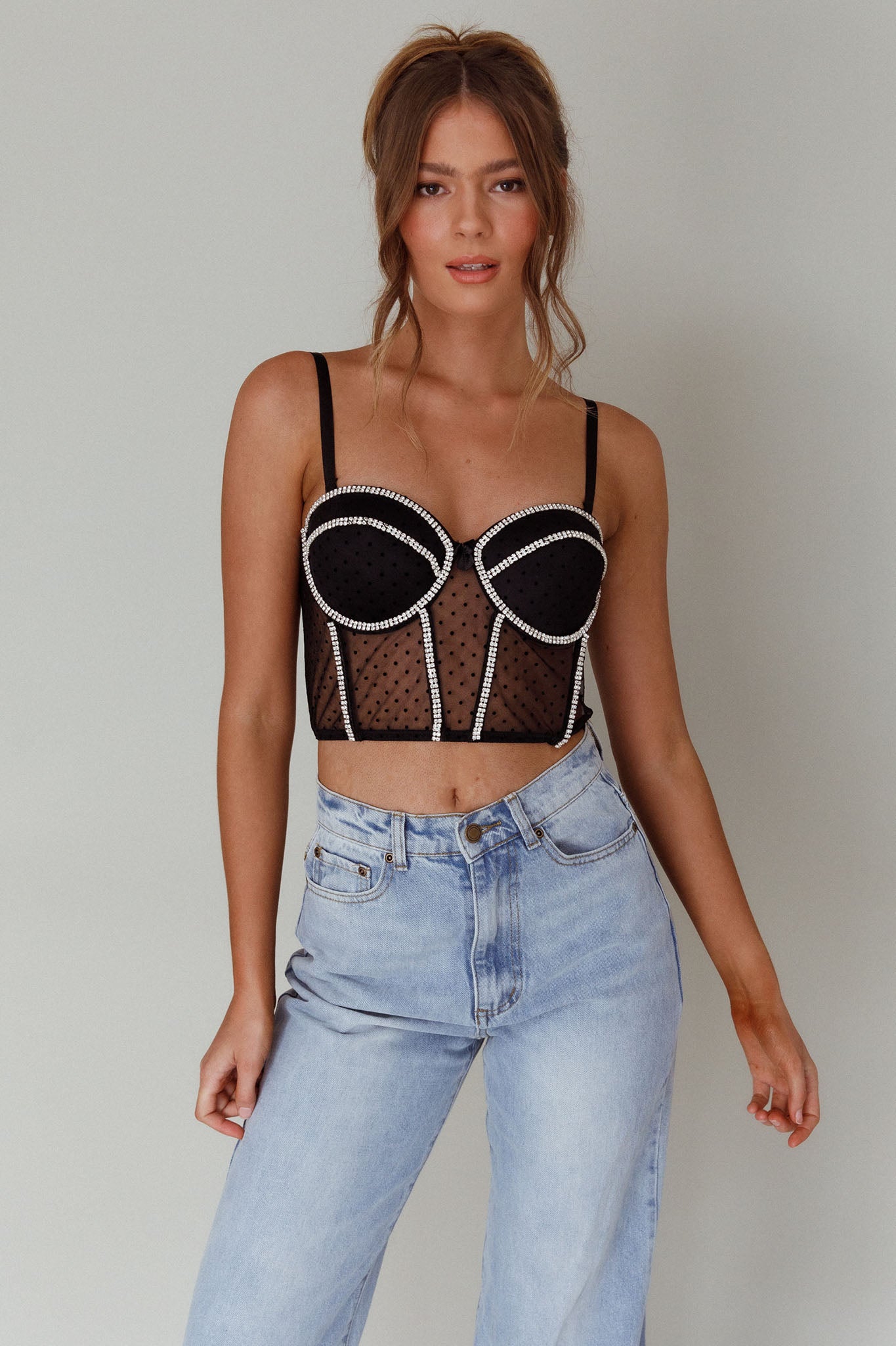 Stop And Stare Diamante Trim Crop Top Black by Selfie Leslie