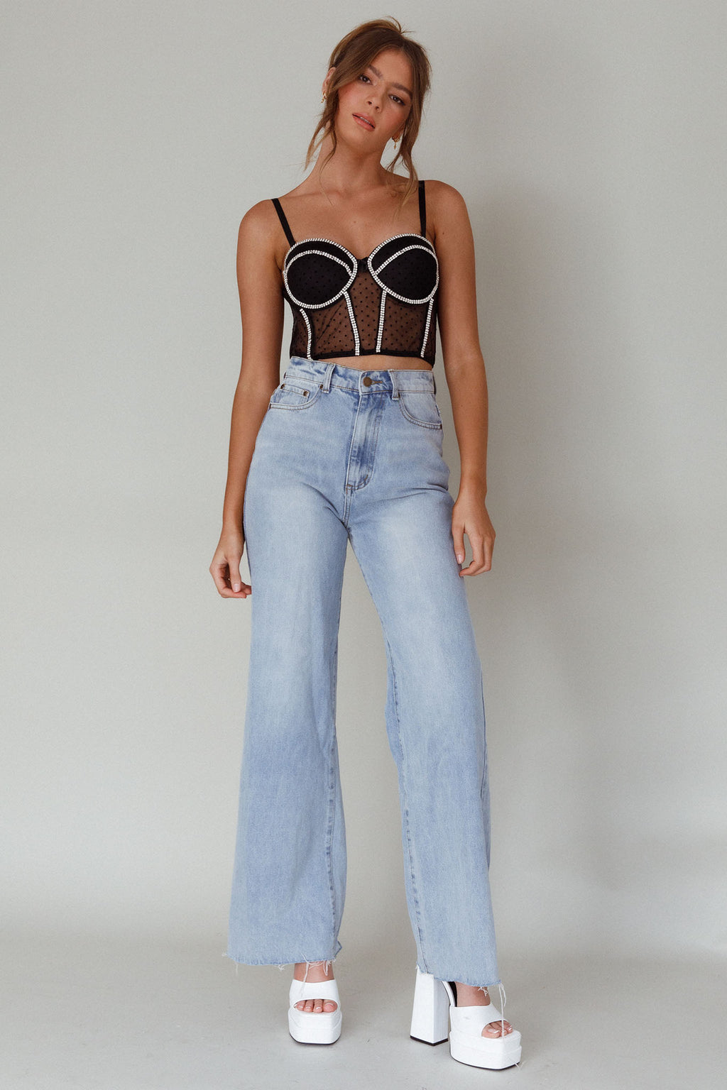 Stop And Stare Diamante Trim Crop Top Black by Selfie Leslie