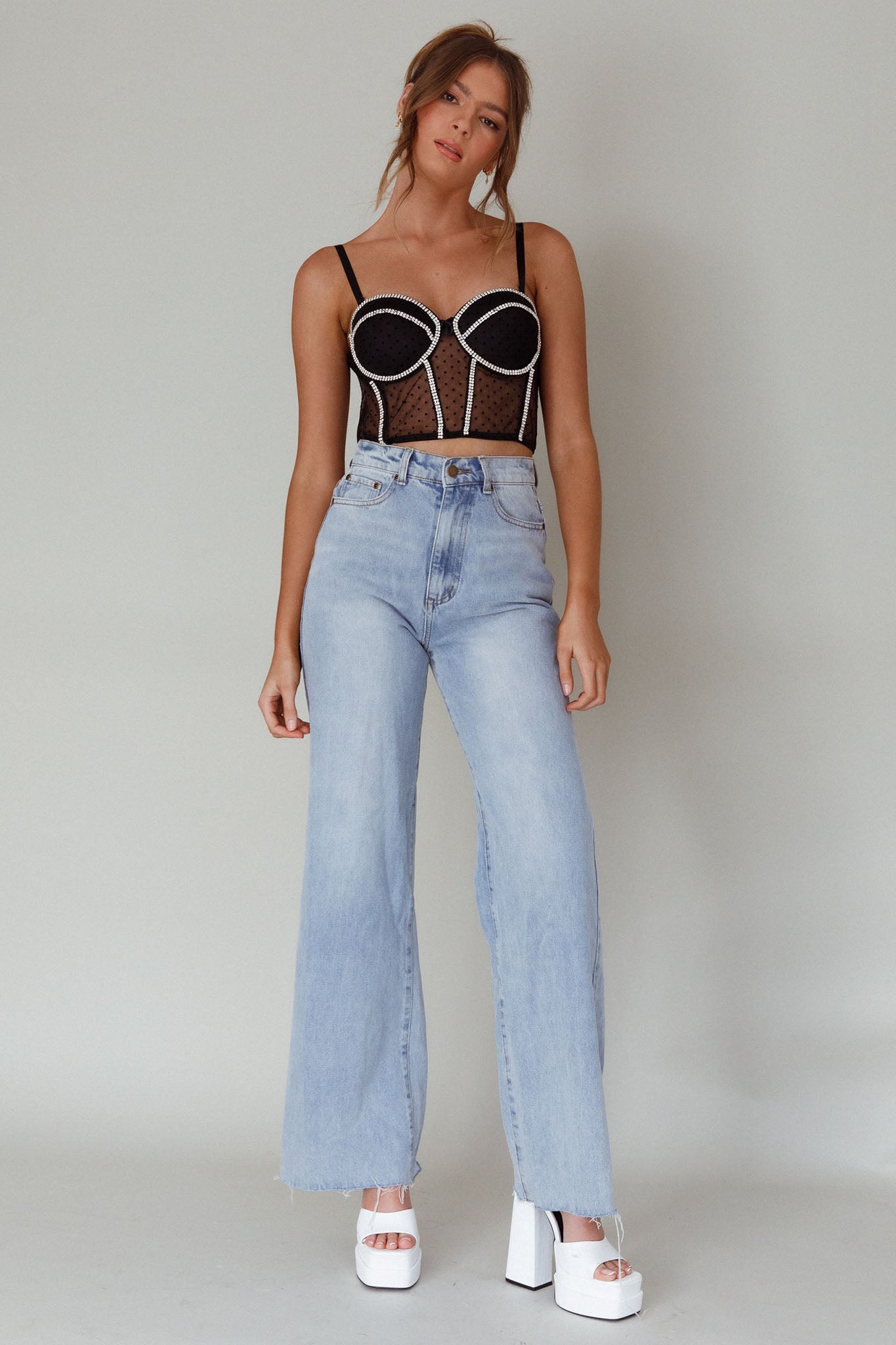Stop And Stare Diamante Trim Crop Top Black by Selfie Leslie