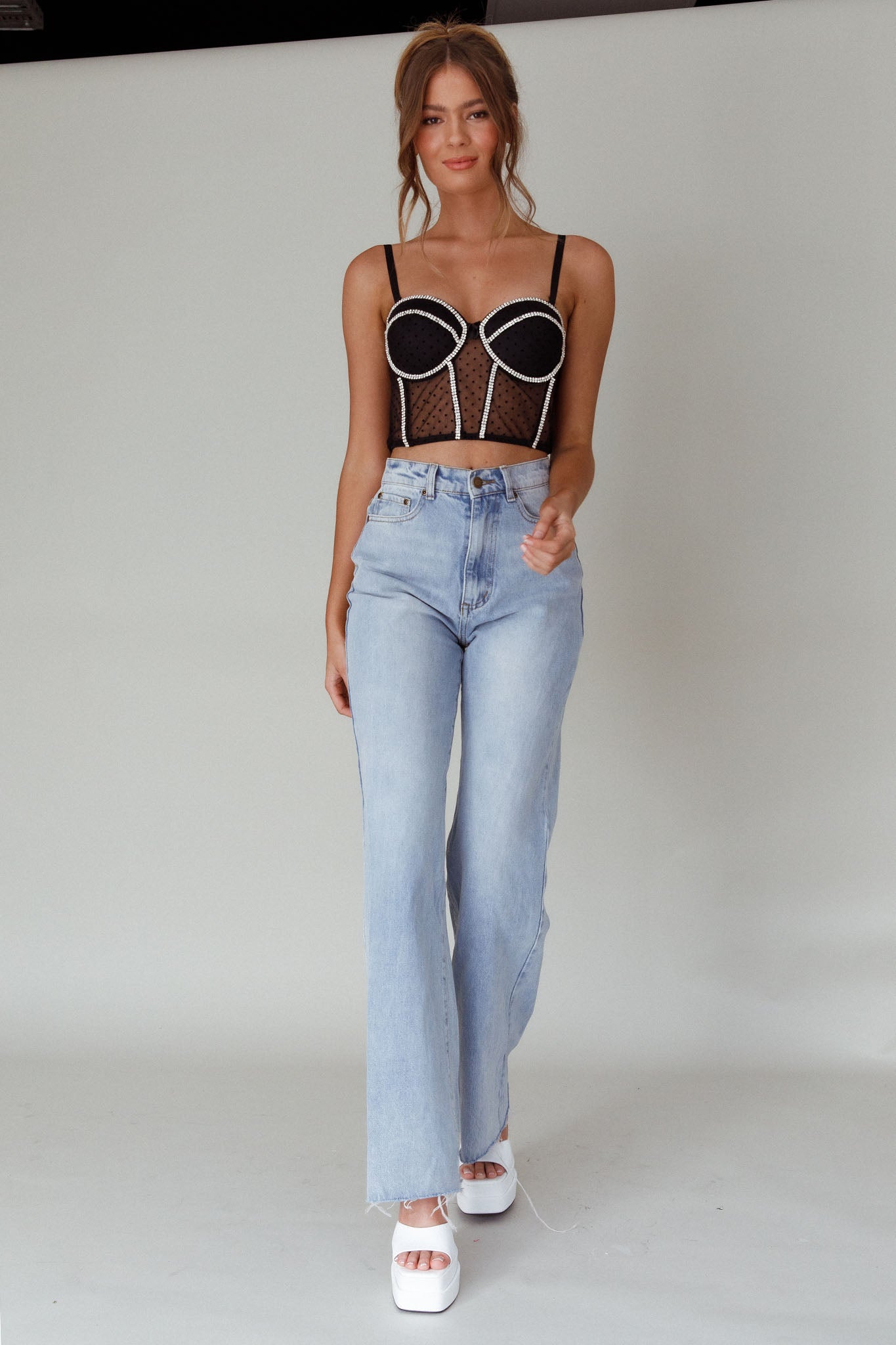 Stop And Stare Diamante Trim Crop Top Black by Selfie Leslie