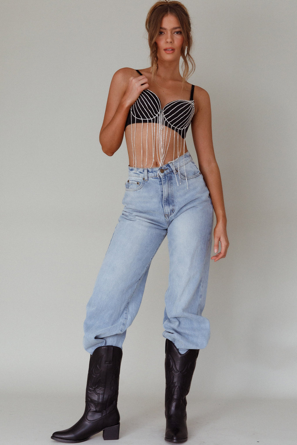 Showgirl Diamante Bra Crop Top Black by Selfie Leslie