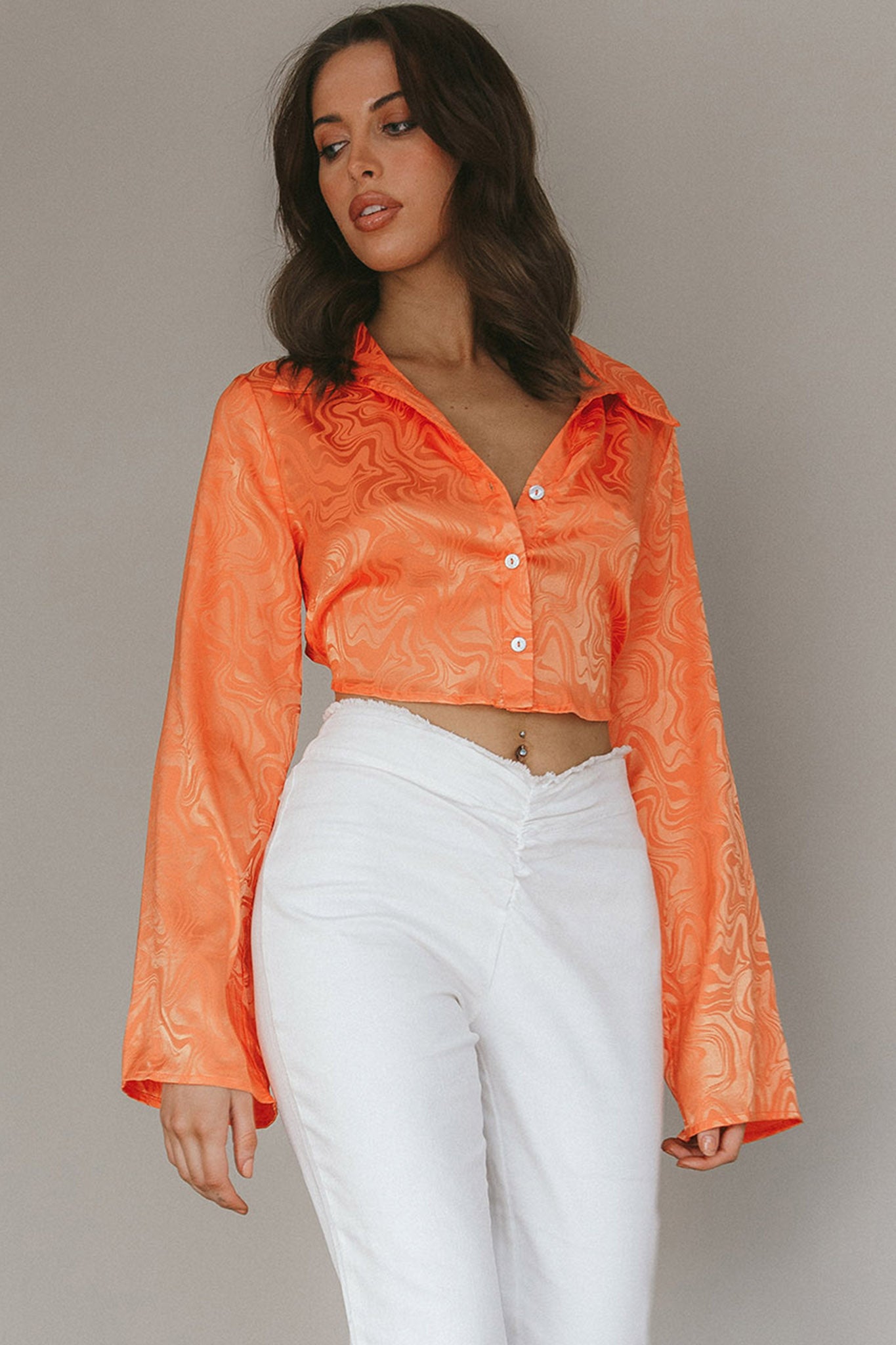 Ciara Flared Sleeve Tied Back Top Orange by Selfie Leslie
