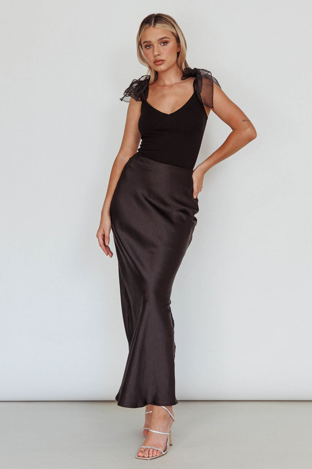 Midsomer Tied Shoulder Bodysuit Black by Selfie Leslie