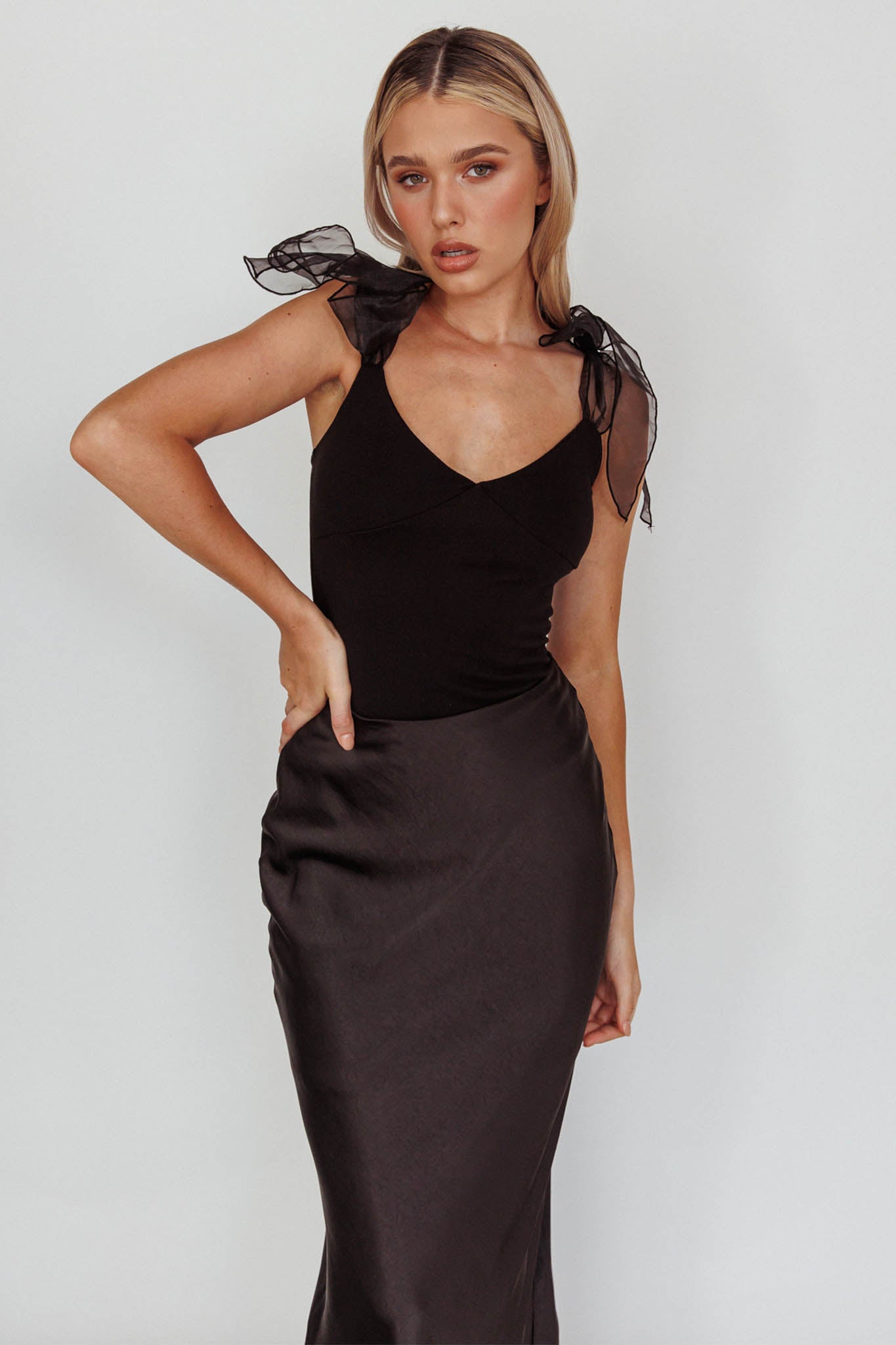 Midsomer Tied Shoulder Bodysuit Black by Selfie Leslie