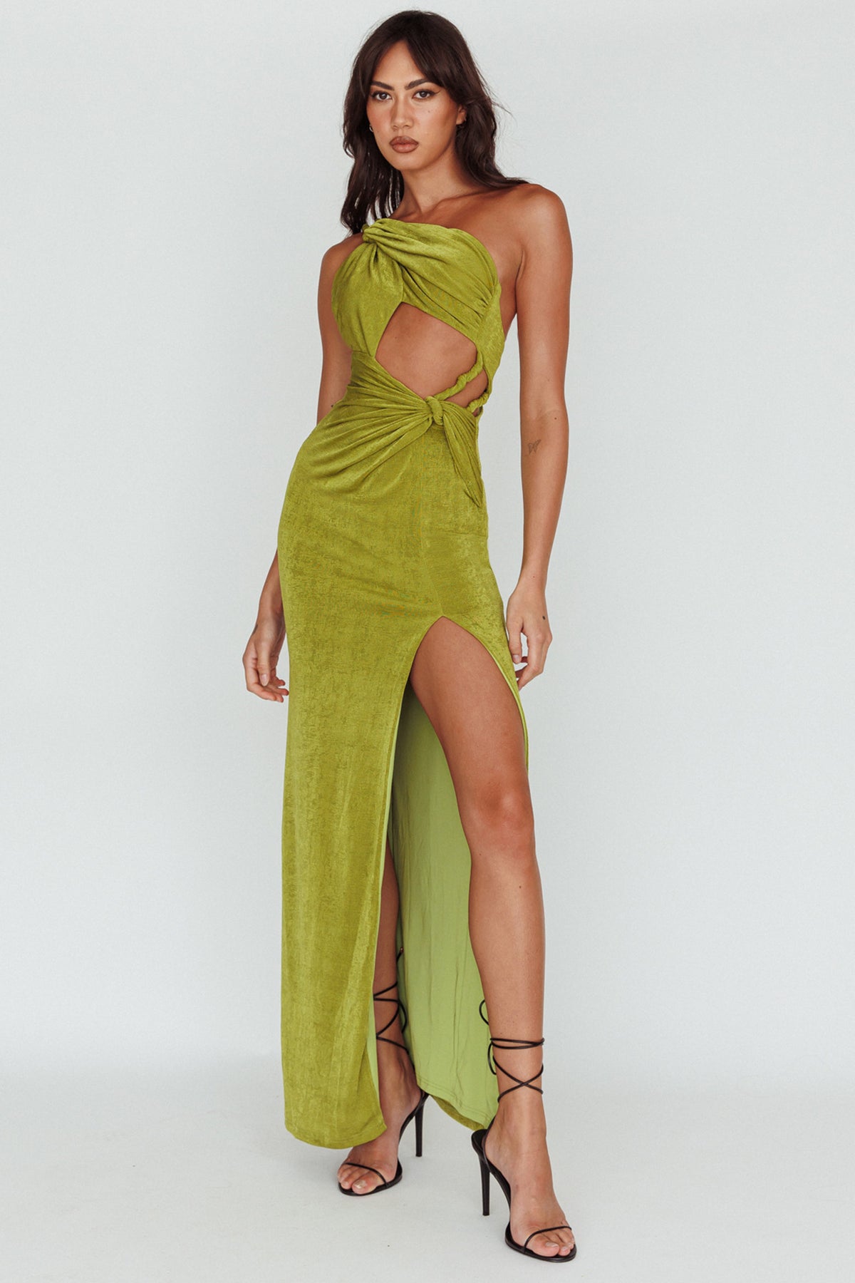 green split leg dress Kiah Twist Accent Thigh Midi Moss Neckline_Jewel Neck