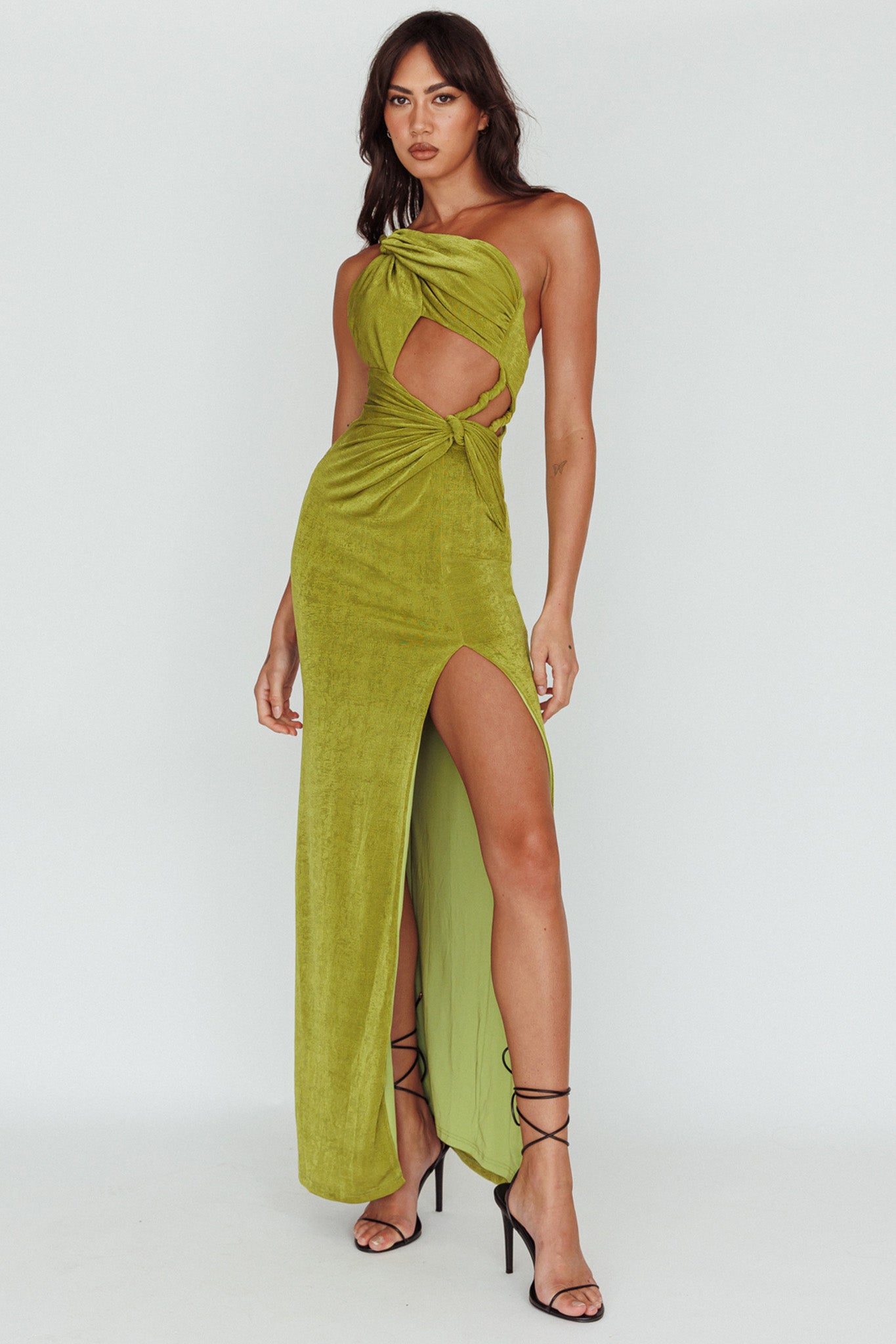 Kiah Twist Accent Thigh Split Midi Dress Moss by Selfie Leslie