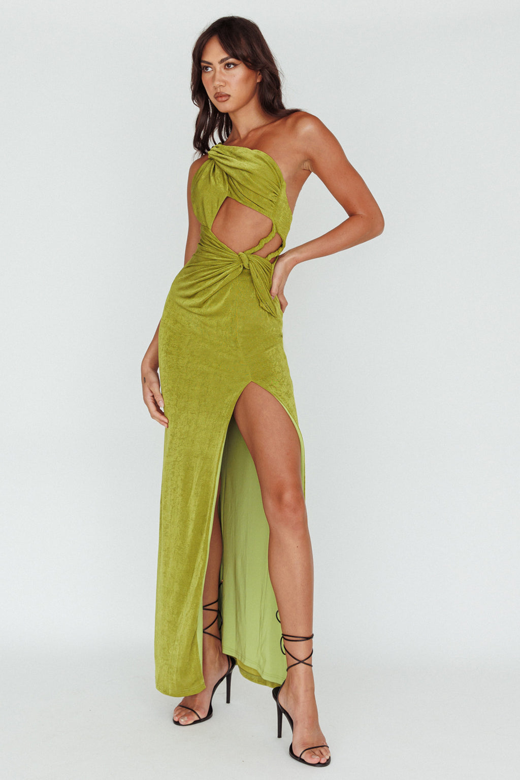 Kiah Twist Accent Thigh Split Midi Dress Moss by Selfie Leslie