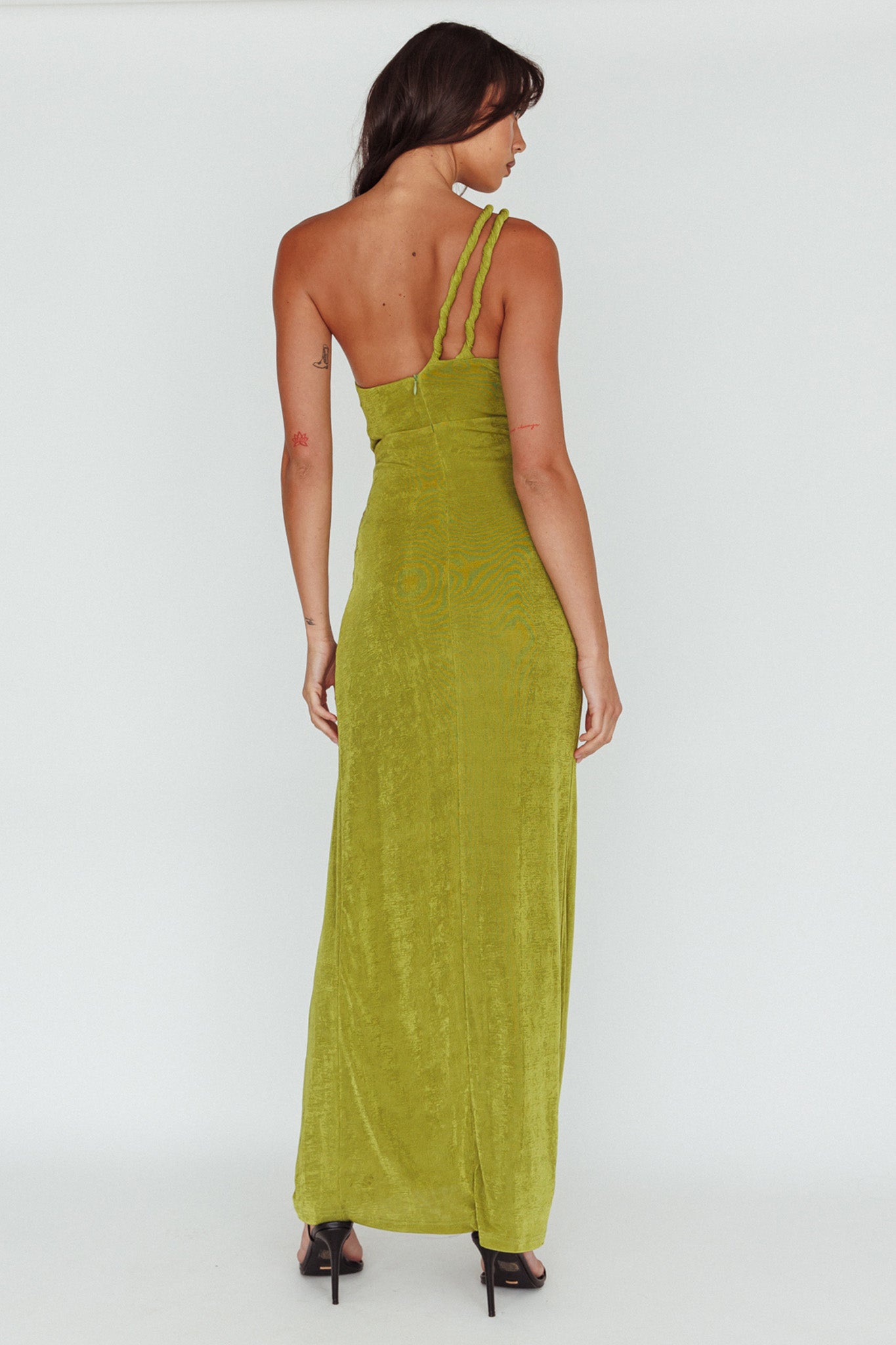 kiyah midi dress Kiah Twist Accent Thigh Split Midi Dress Moss