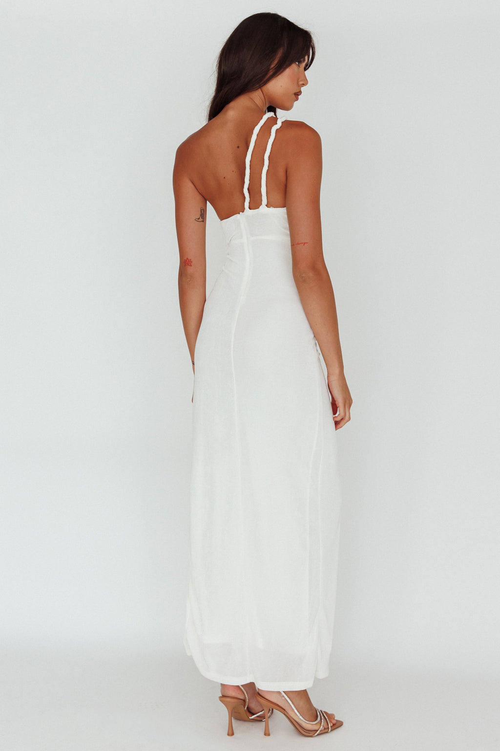 Kiah Twist Accent Thigh Split Midi Dress White by Selfie Leslie