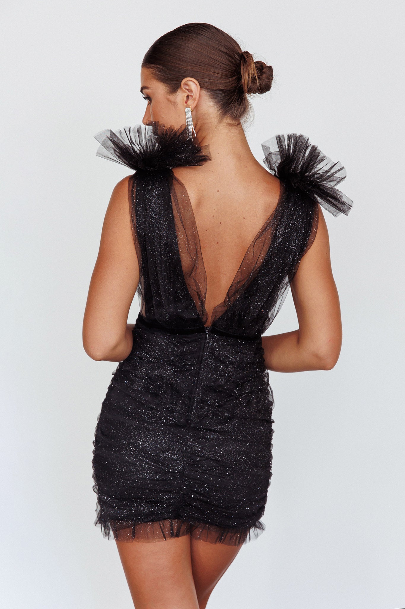 Ludivine Shoulder Accent Mesh Mini Dress Black Glitter by Selfie Leslie