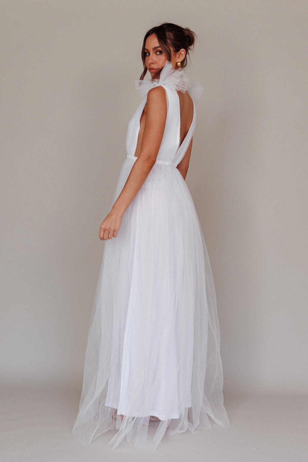 Ludivine Shoulder Accent Mesh Midi Dress Glitter White by Selfie Leslie