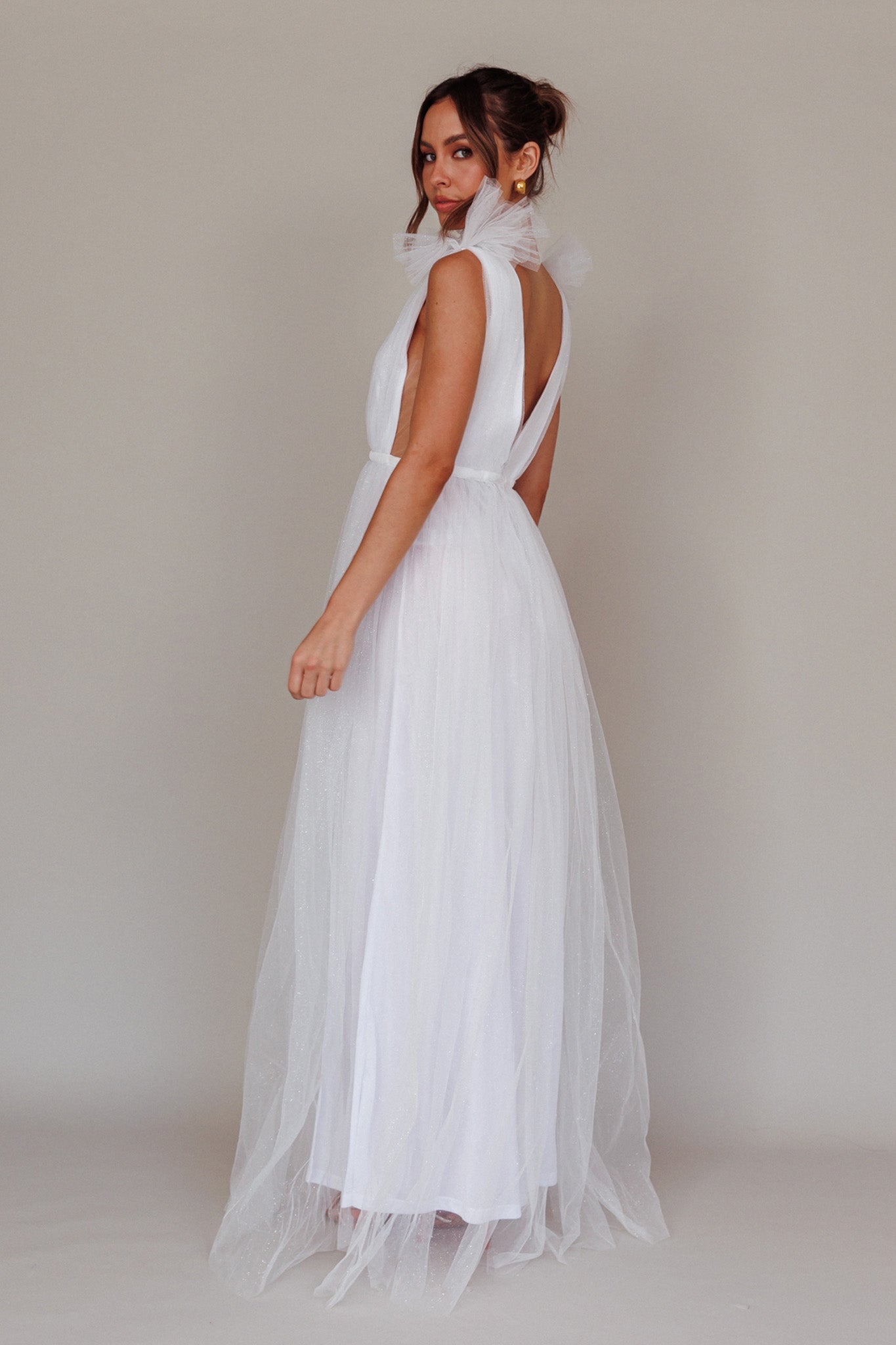 floating by pleated neckline mesh midi dress embellished white Ludivine Shoulder Accent Mesh Midi Dress Glitter White