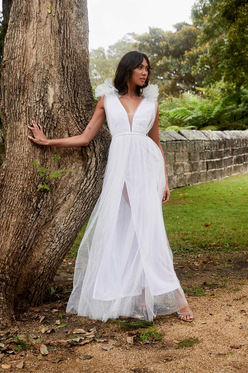 Ludivine Shoulder Accent Mesh Midi Dress Glitter White by Selfie Leslie