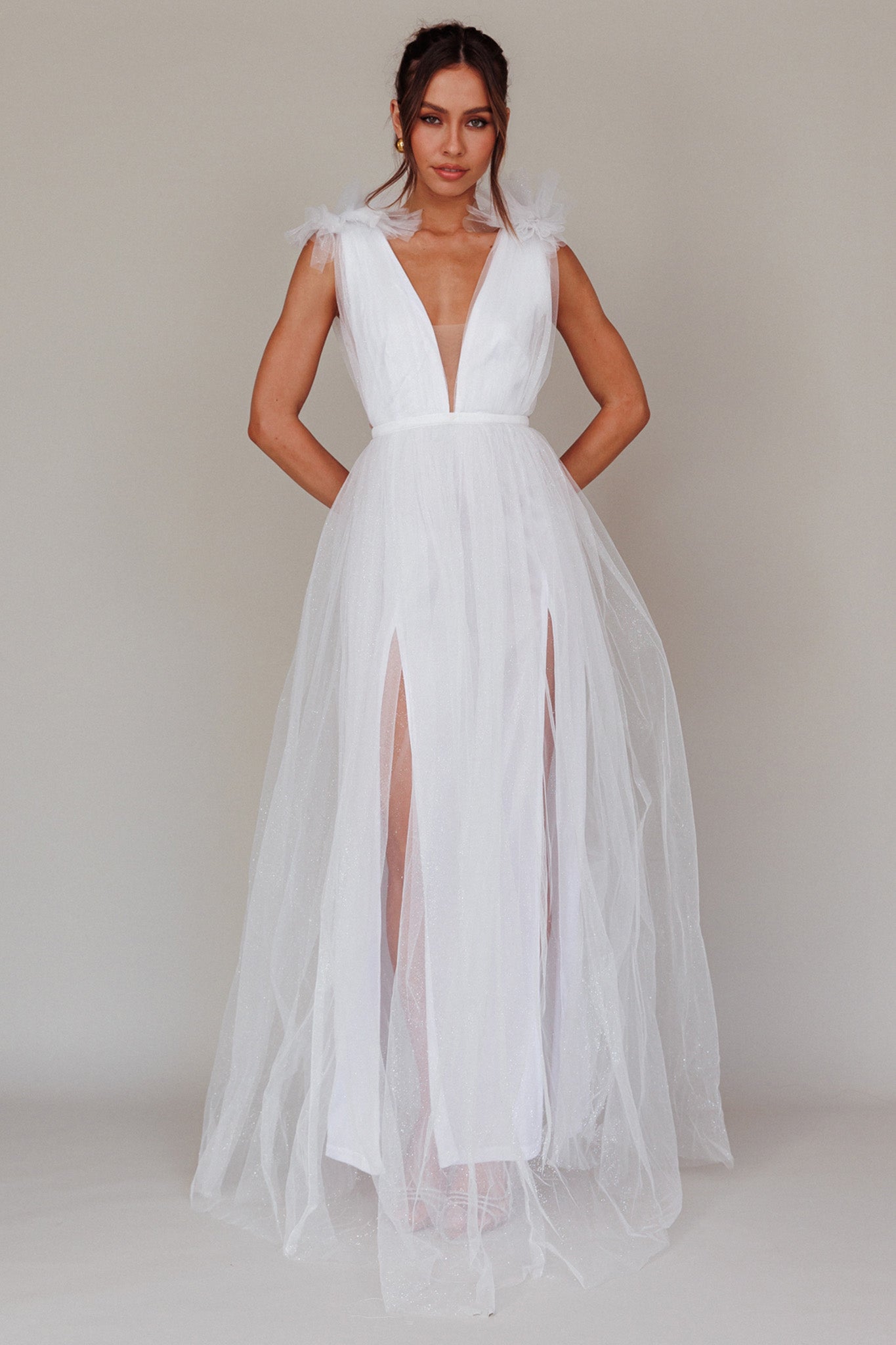 Ludivine Shoulder Accent Mesh Midi Dress Glitter White by Selfie Leslie
