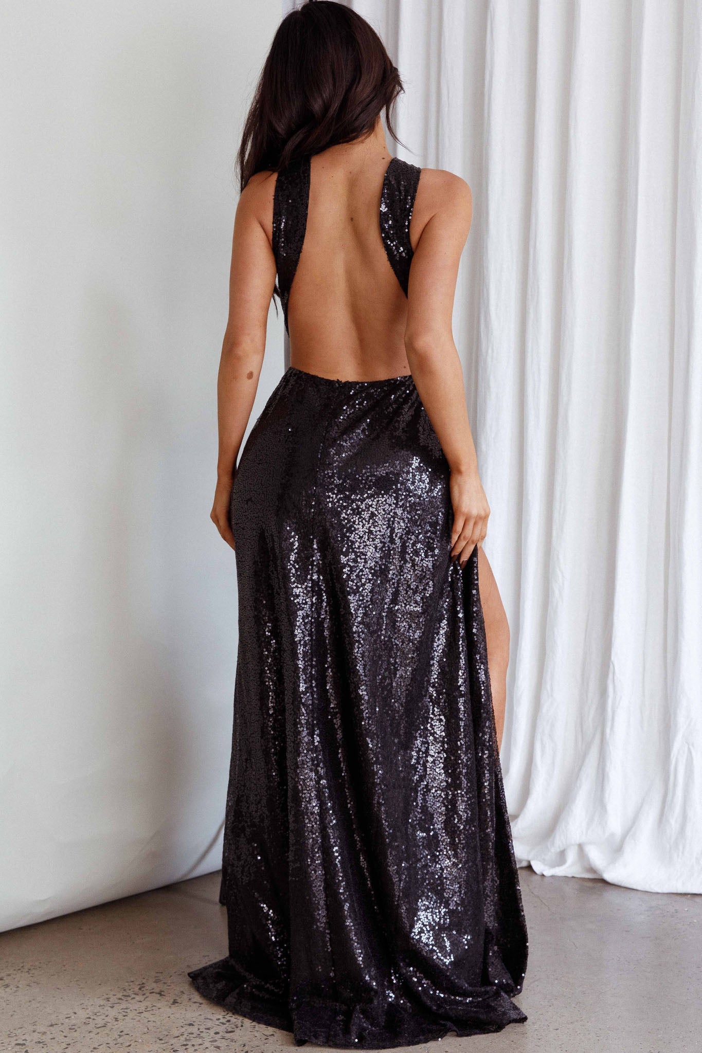 Kimba High Split Sequin Dress Black by Selfie Leslie