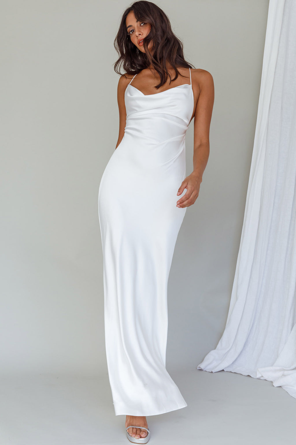 white long silk dress 1930's Satin Sleeve Eveliina Vintage Pleated Bust White Slip Maxi Dress
