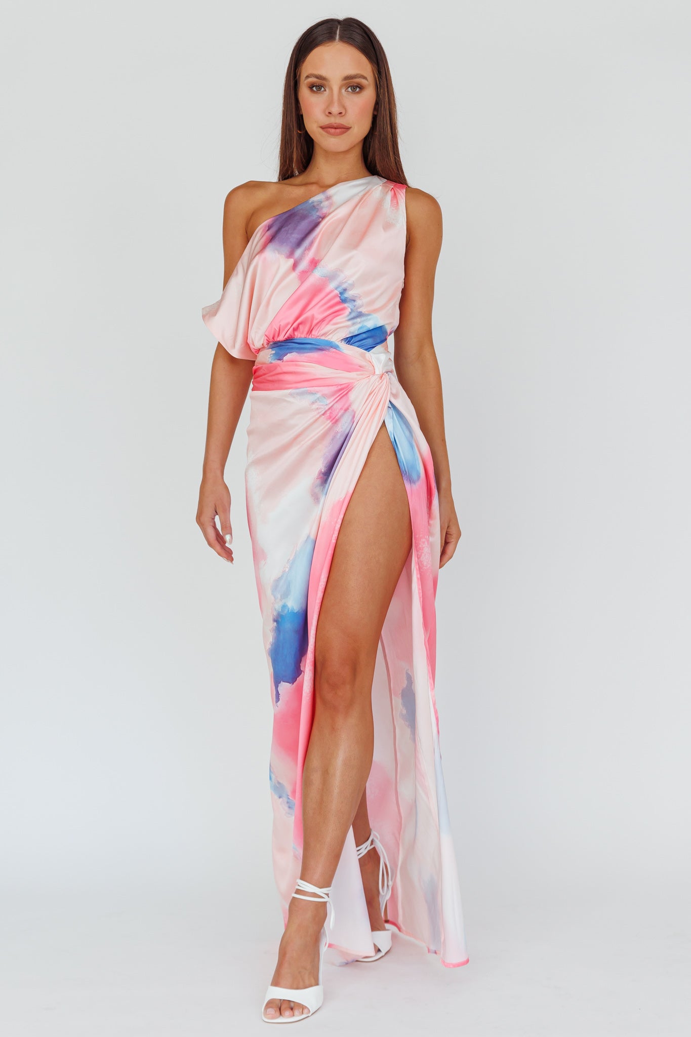 Charm Me Thigh Split Maxi Dress Pink/Blue by Selfie Leslie