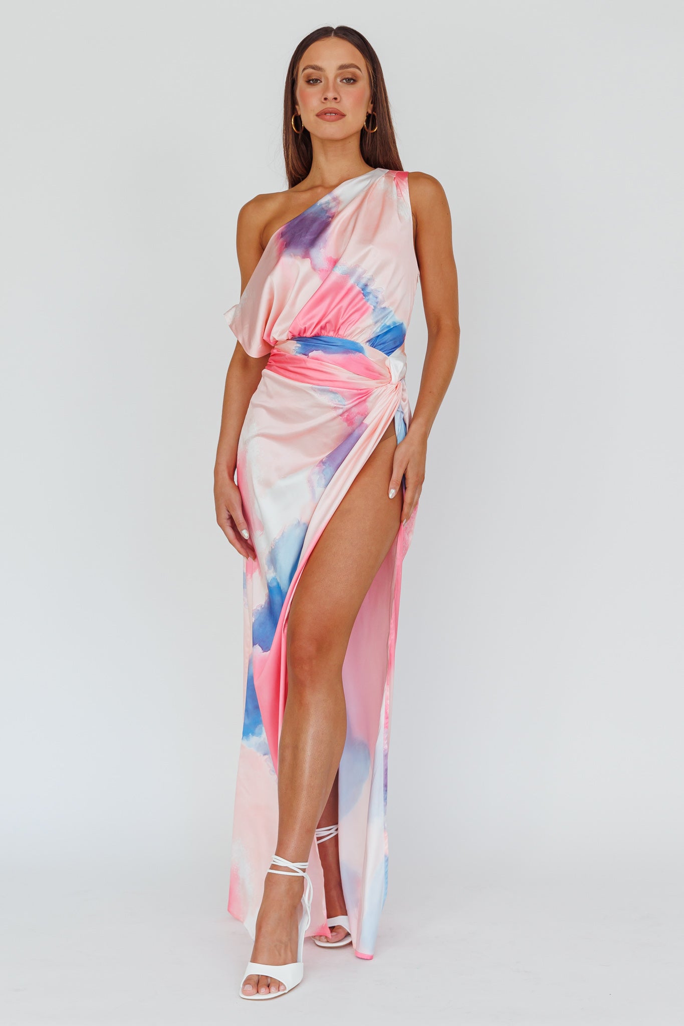 Charm Me Thigh Split Maxi Dress Pink/Blue by Selfie Leslie