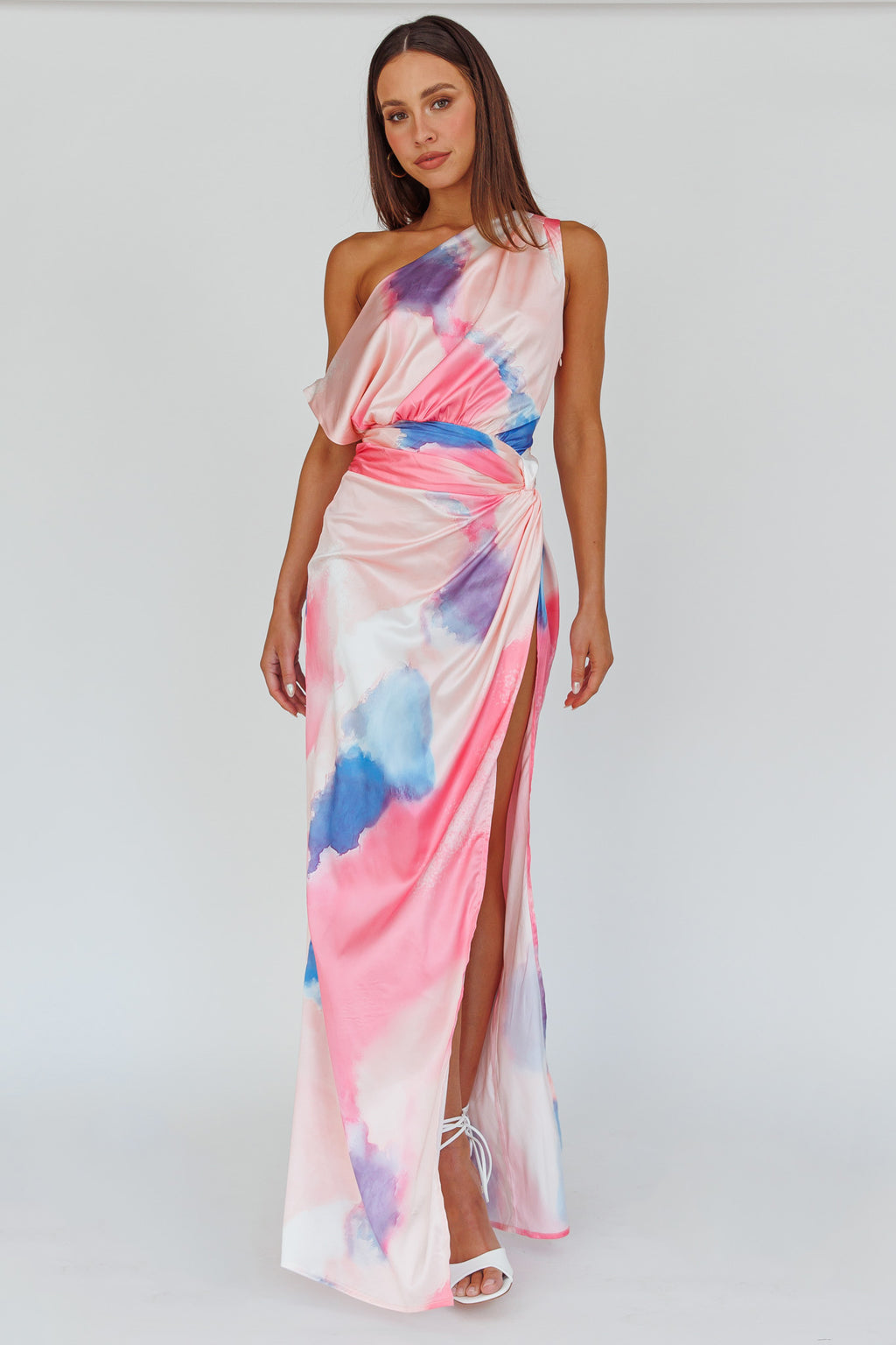 Charm Me Thigh Split Maxi Dress Pink/Blue by Selfie Leslie