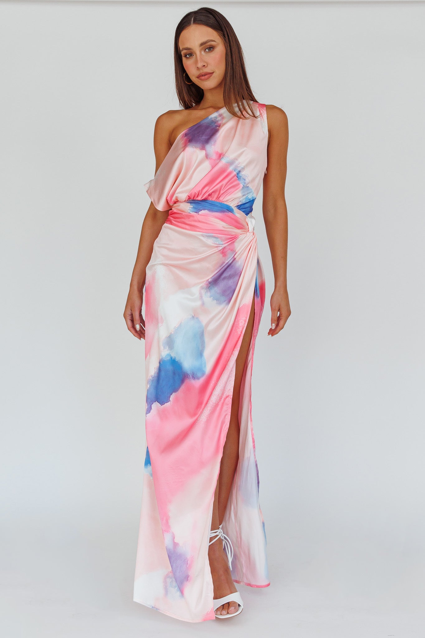 Charm Me Thigh Split Maxi Dress Pink/Blue by Selfie Leslie