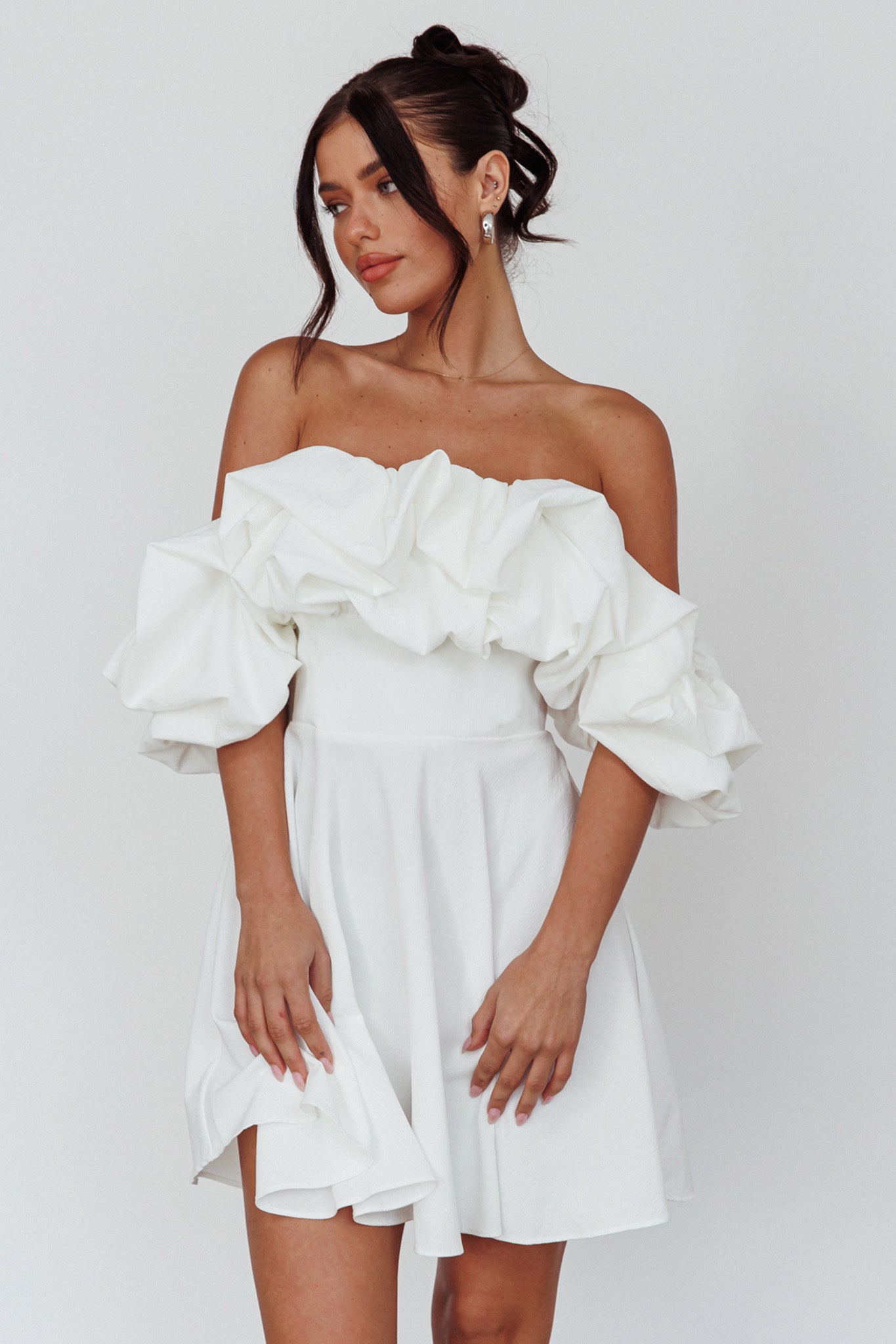 Shop the Kailynn Off-Shoulder A-Line Mini Dress White | Selfie Leslie