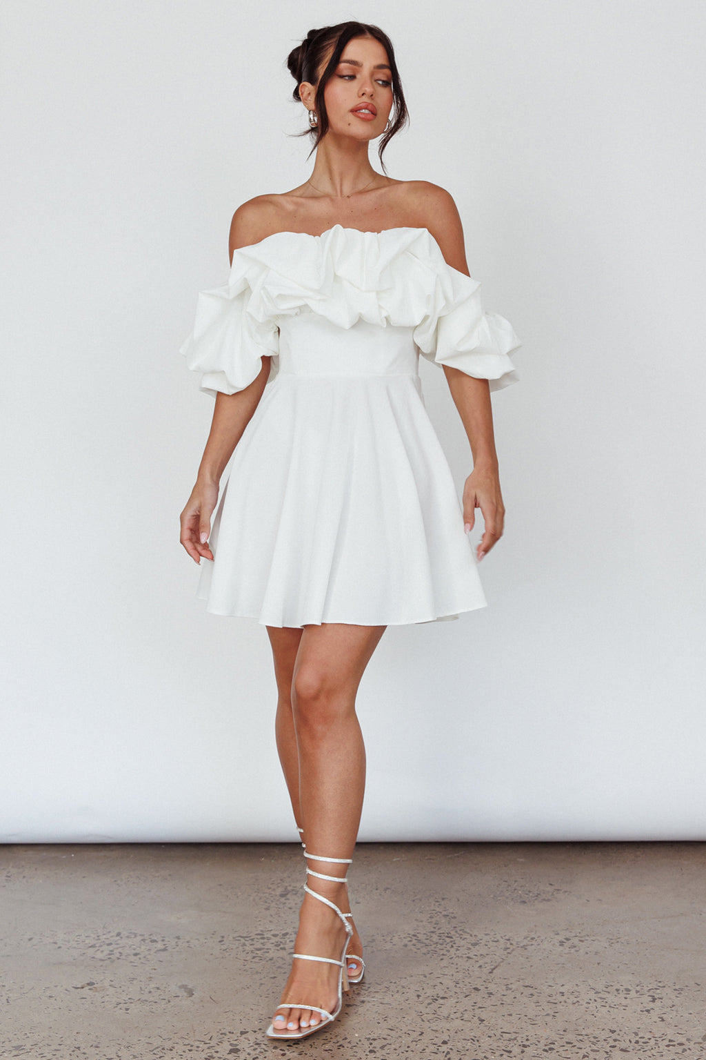 cutest icon white embroidered off the shoulder mini dress White Floral Embroidered Off Shoulder Ruffle Cut Out Tie Up Mini Dress Medium