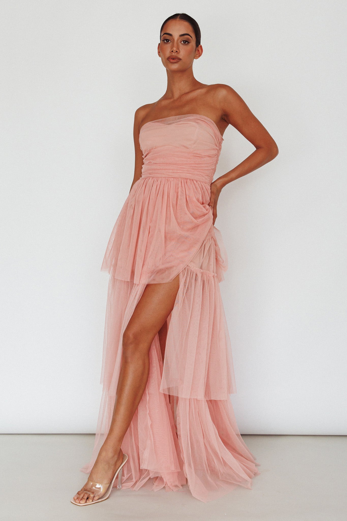 Haeven Tiered Strapless Maxi Dress Blush by Selfie Leslie