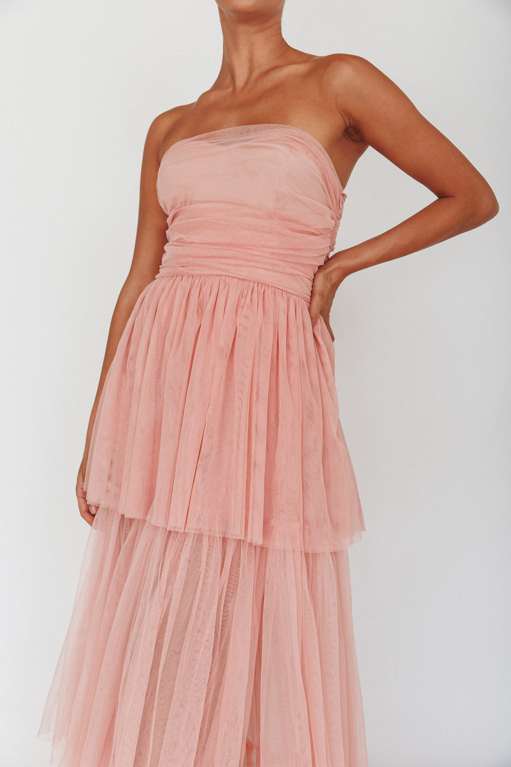 Haeven Tiered Strapless Maxi Dress Blush by Selfie Leslie