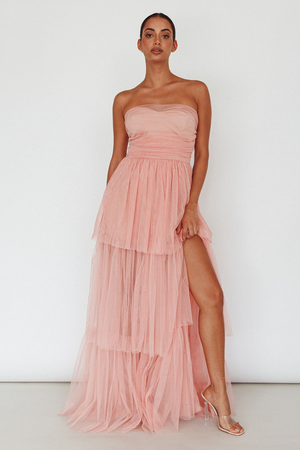 Haeven Tiered Strapless Maxi Dress Blush by Selfie Leslie