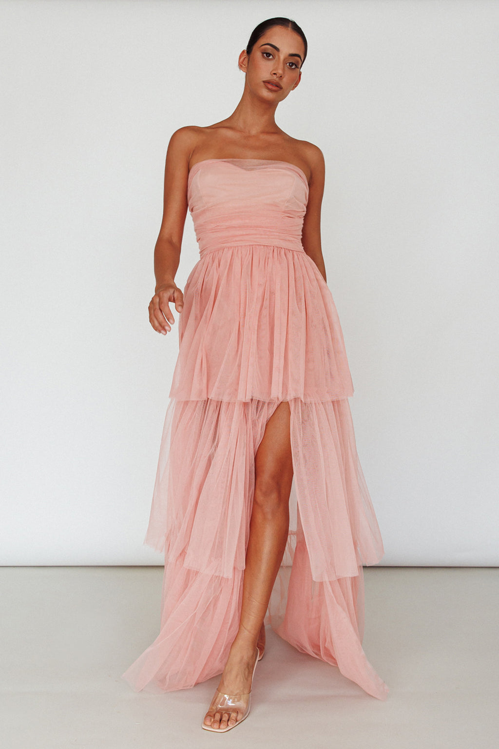 Haeven Tiered Strapless Maxi Dress Blush by Selfie Leslie