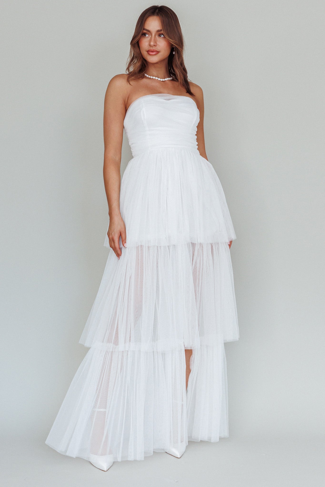 Haeven Tiered Strapless Maxi Dress White by Selfie Leslie
