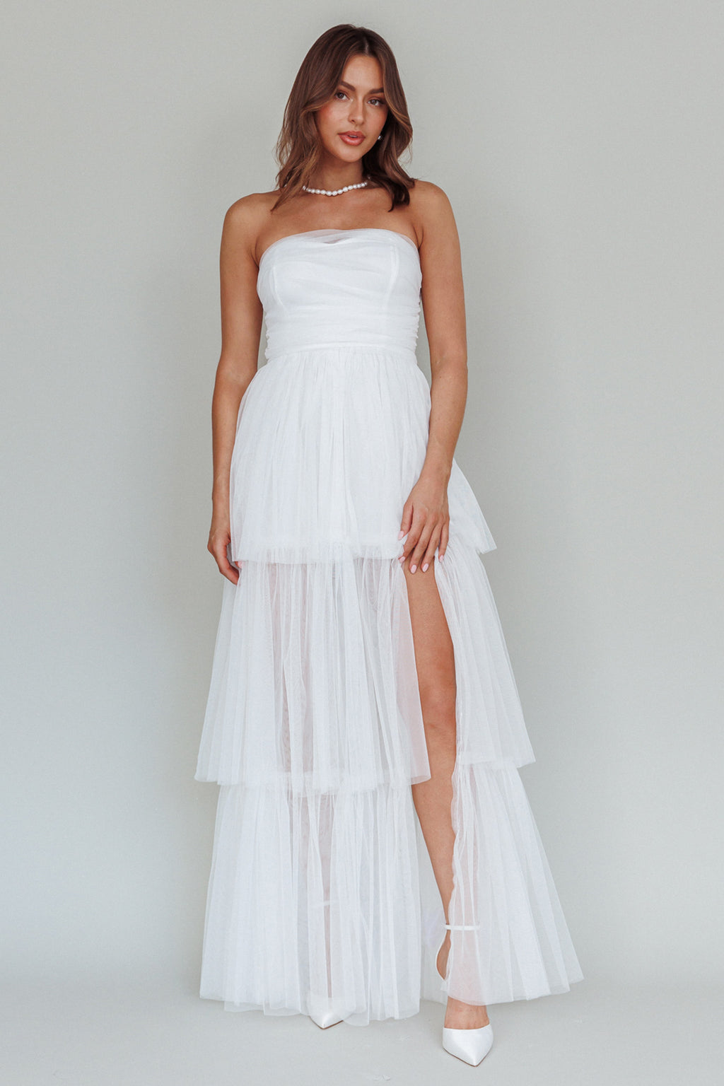 Haeven Tiered Strapless Maxi Dress White by Selfie Leslie
