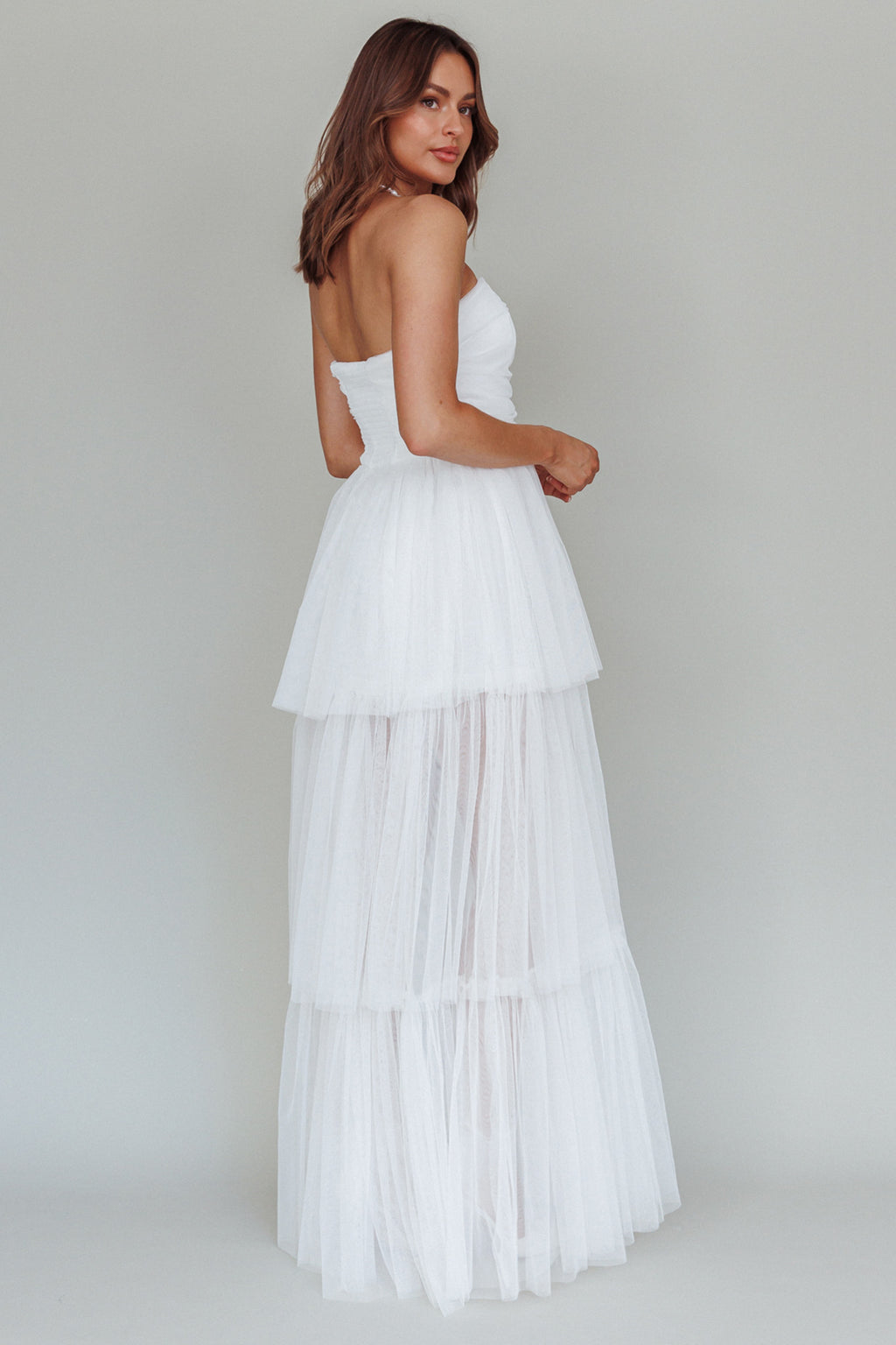 Haeven Tiered Strapless Maxi Dress White by Selfie Leslie
